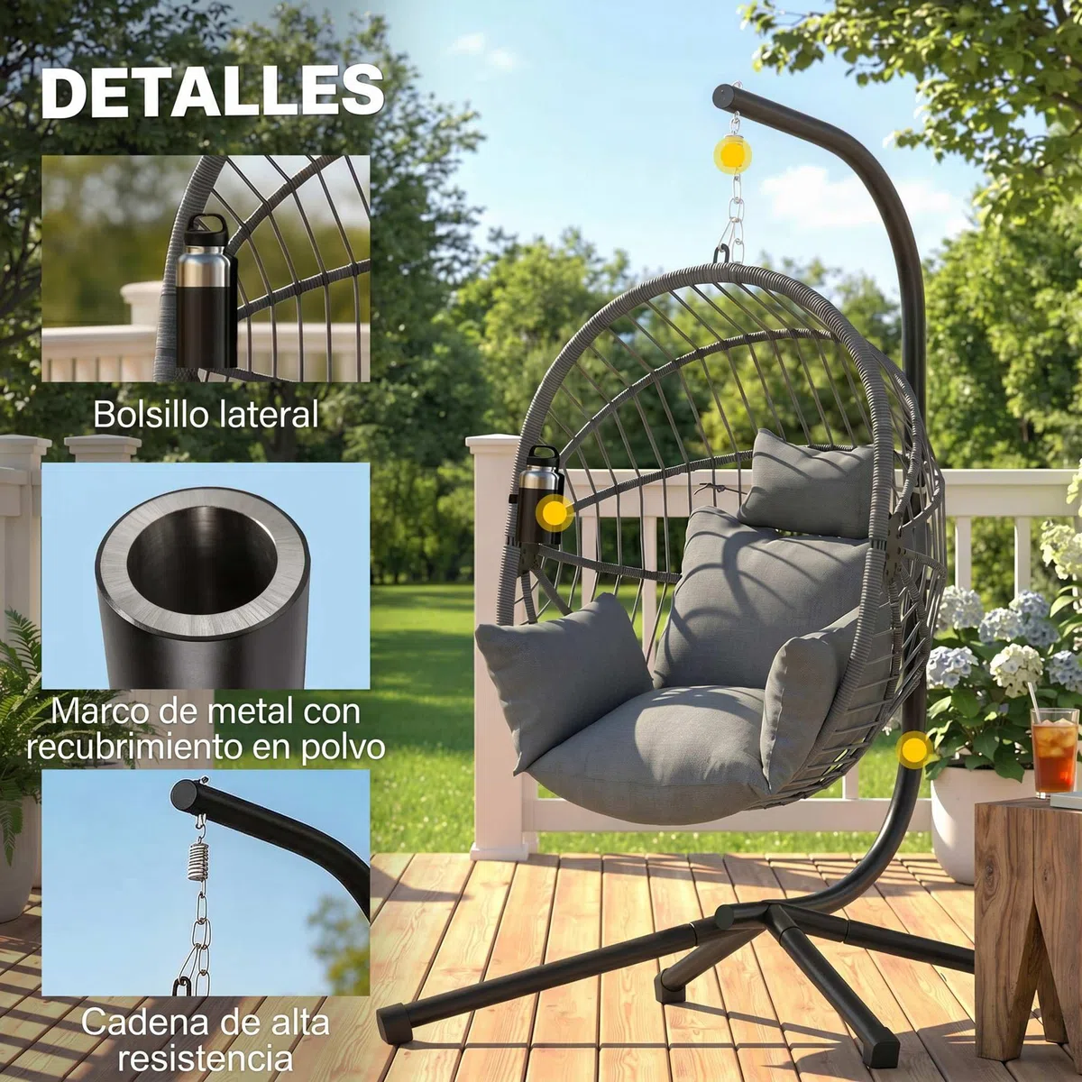 Outsunny Silla Colgante Huevo con Soporte Columpio Jardín Exterior con Cesta Plegable Cojín y Reposacabezas Columpio Colgante para Interior y Exterior Carga 120 kg Gris