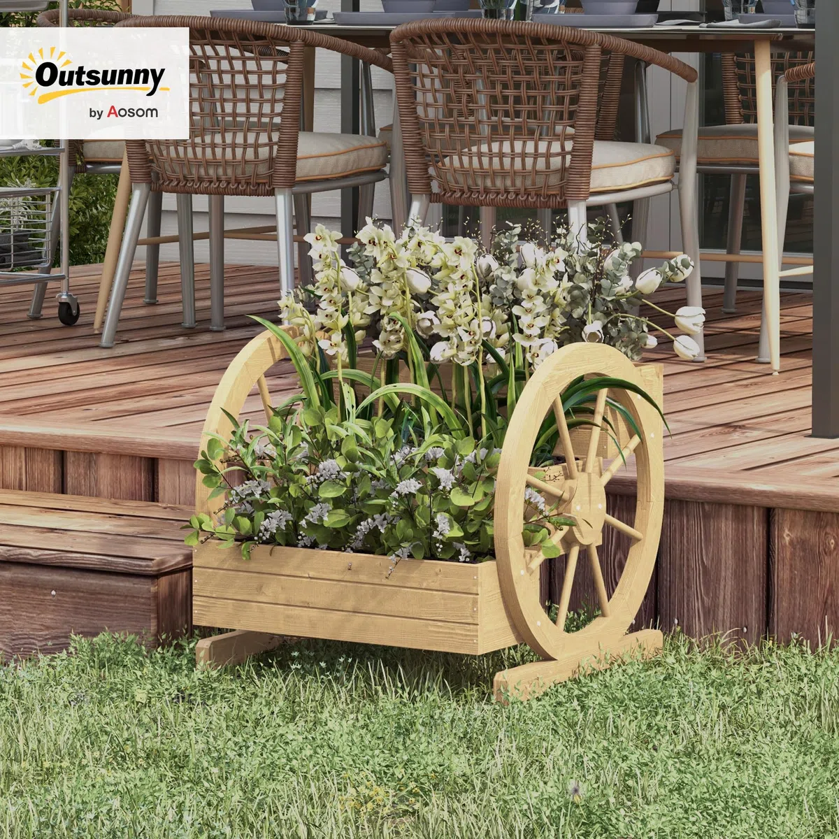 Outsunny Jardinera de Madera Macetero Exterior de 3 Niveles Diseño de Escalera y Forma de Ruedas Orificios de Drenaje Huerto Urbano para Cultivos Plantas Flores en Terraza Jardín 61x62x57 cm Natural