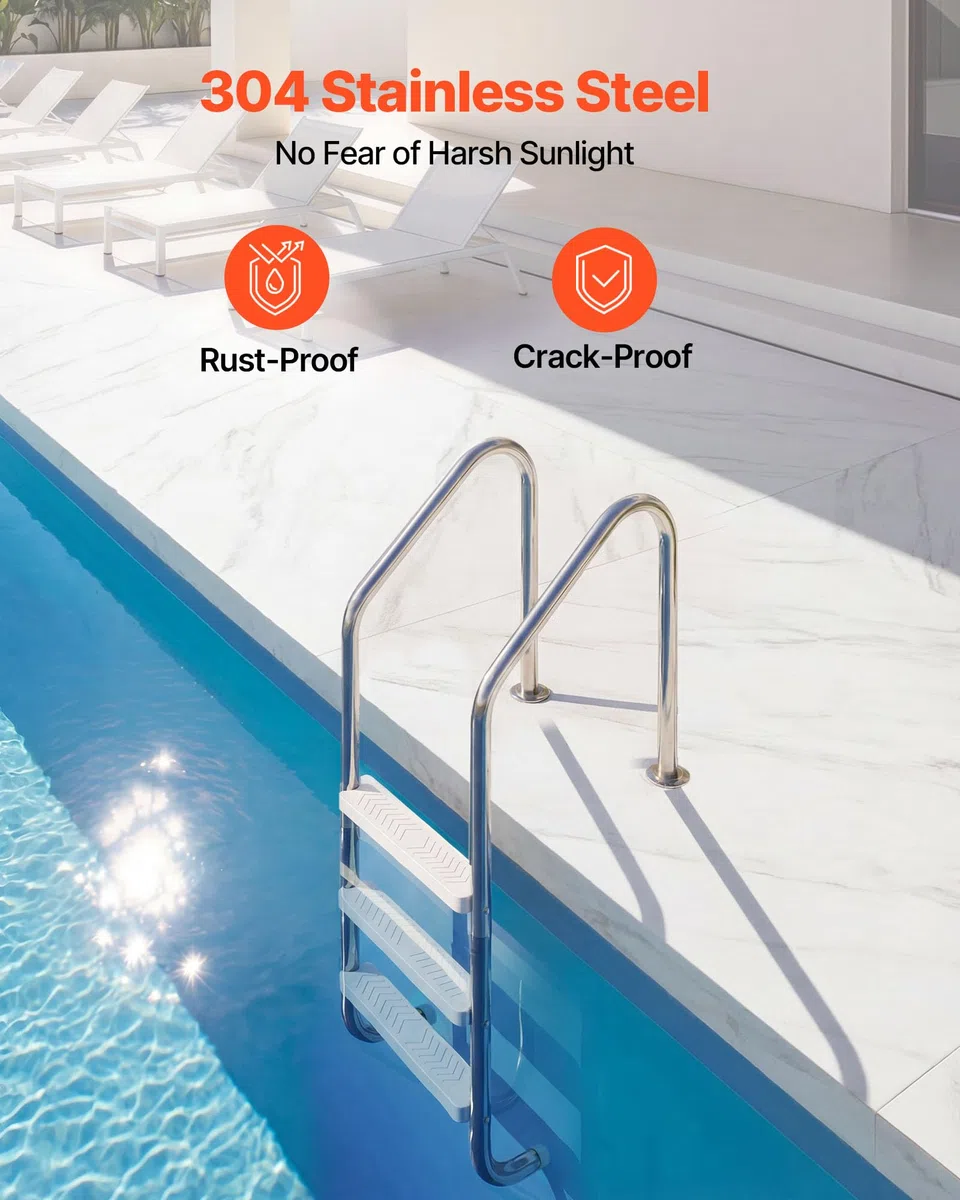 VEVOR Escalera para Piscina de 3 Peldaños Anchos hasta 120 kg, Escalera de Seguridad Antideslizante de Acero Inoxidable con Pasamanos Ergonómicos para Piscinas Enterradas y Elevadas de 121,9-137,2 cm