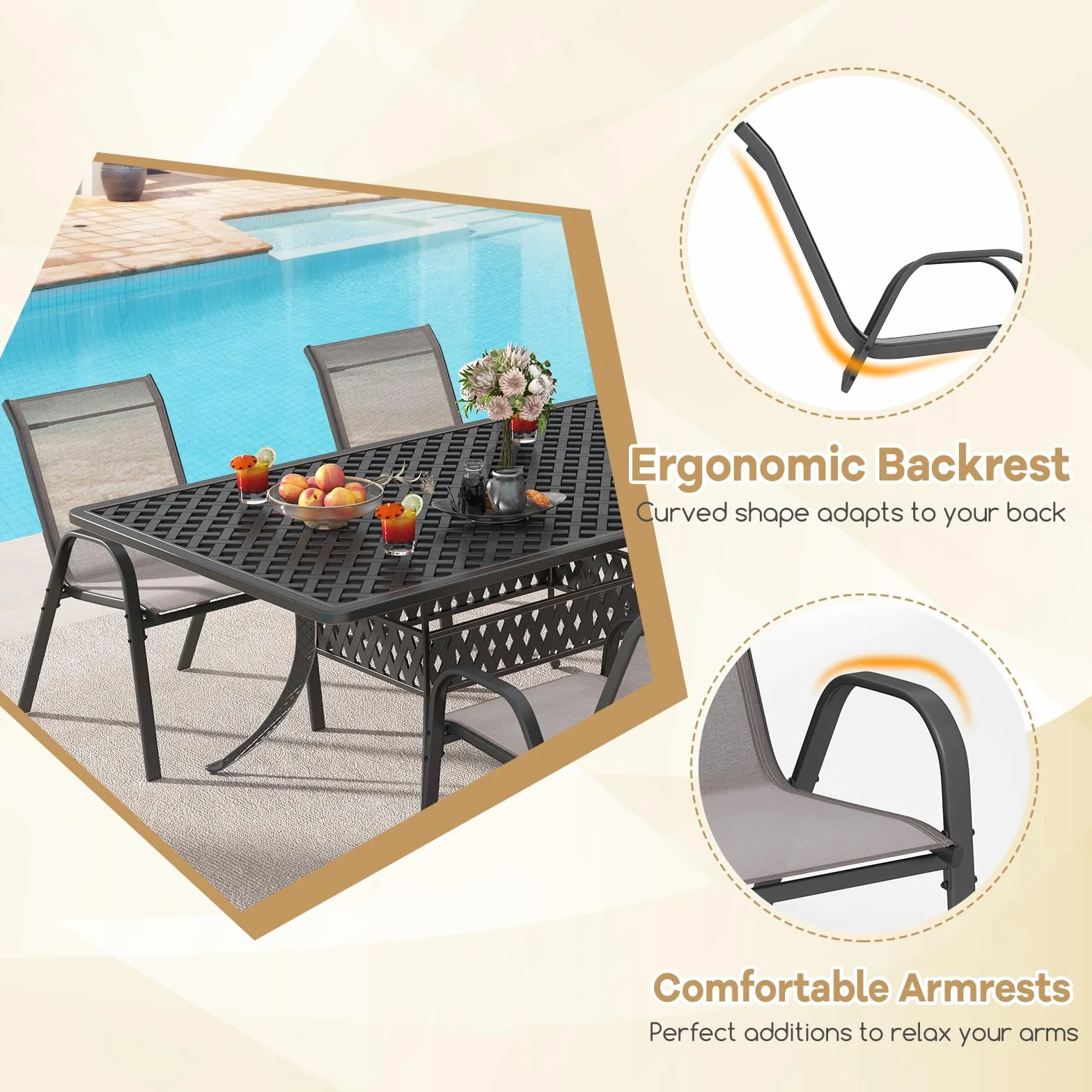 KOMFOTTEU Juego de 2/4 Sillas de Jardín, Silla Apilable Terreza Exterior de Tela con Marco de Metal, Sillón de Comedor con Reposabrazos y Respaldo Alto, Carga 150kg, 56 x 70 x 84 cm (2, Gris)