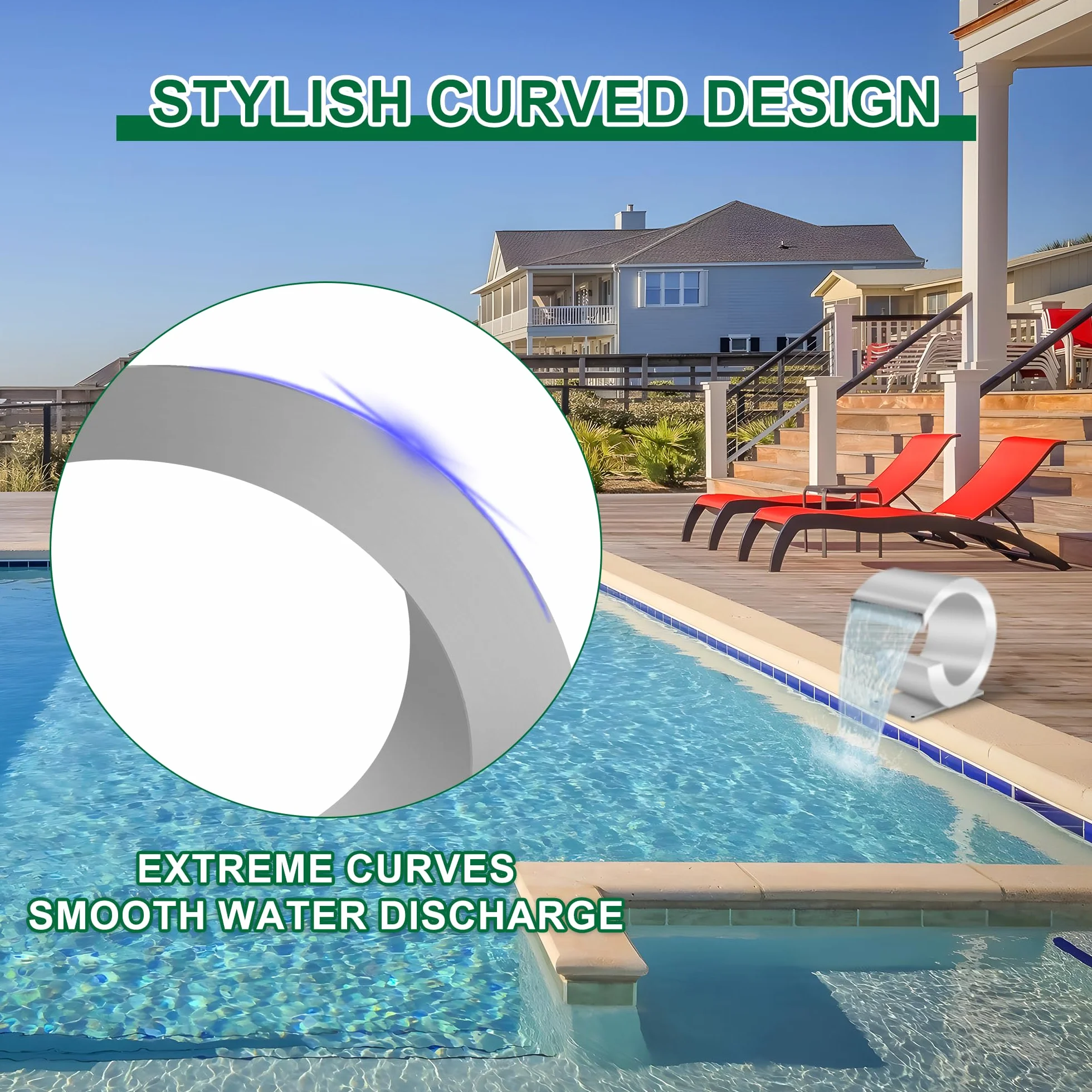 Fuente de piscina de acero inoxidable curvada, LONGRUNNEW con accesorios y cascadas de estanque J, kit para jardín, patio o piscina, 34,5 cm de altura