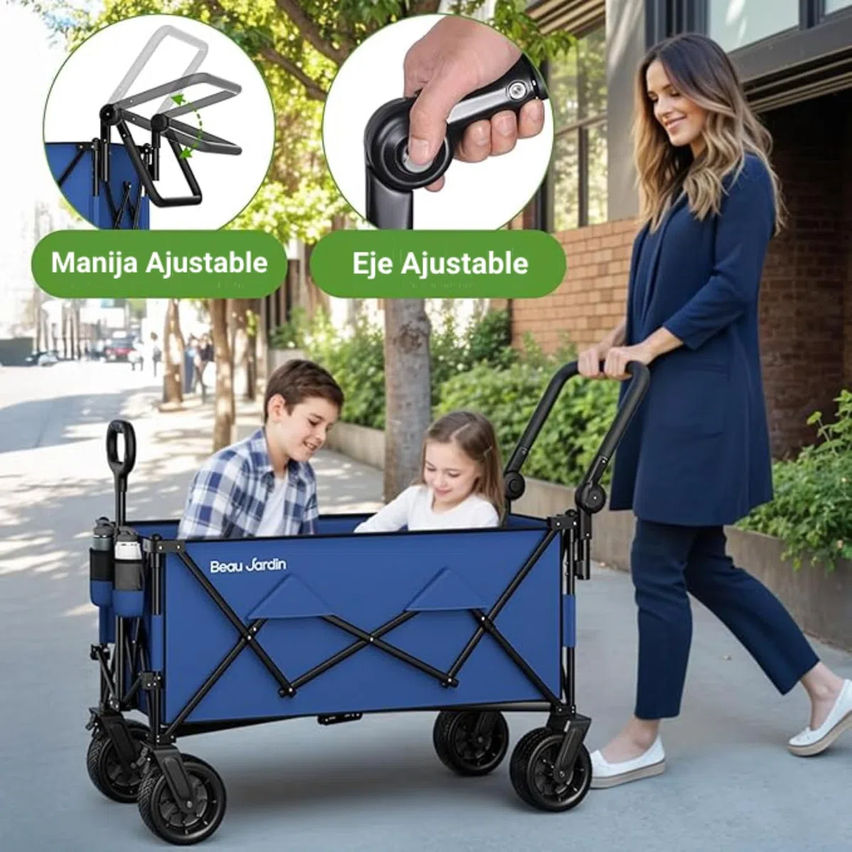 BEAU JARDIN XXL Carro Plegable Todo Terreno 300L 250KG con 4 Ruedas Giratorias, Carrito de Playa y Camping con Asa Retráctil, Azul