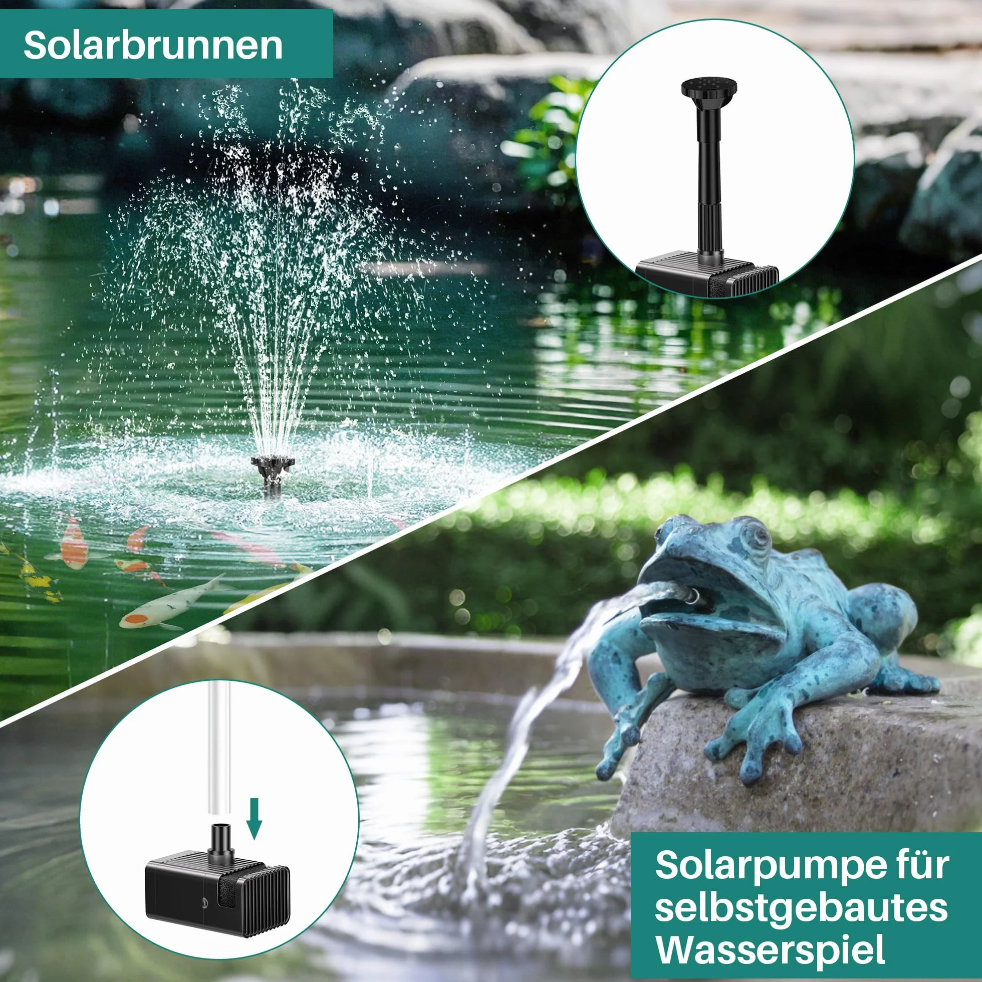 Biling Bomba solar para estanque con batería, 8 W, 300 l/h, silenciosa, con 8 boquillas, fuente solar exterior con manguera de arroyo para estanques de jardín, ventilación de hasta 500 l, DIY Mini