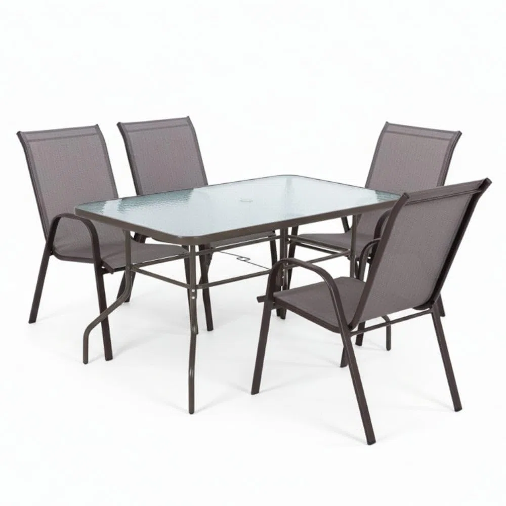 MONTY Conjunto Exterior | Mesa 140 cm de Acero y Cristal Templado + 4 Sillas de Textileno Antracita | Resistente: Pintura anticorrosión, Tela Doble | Transpirables, Apliables | Classic