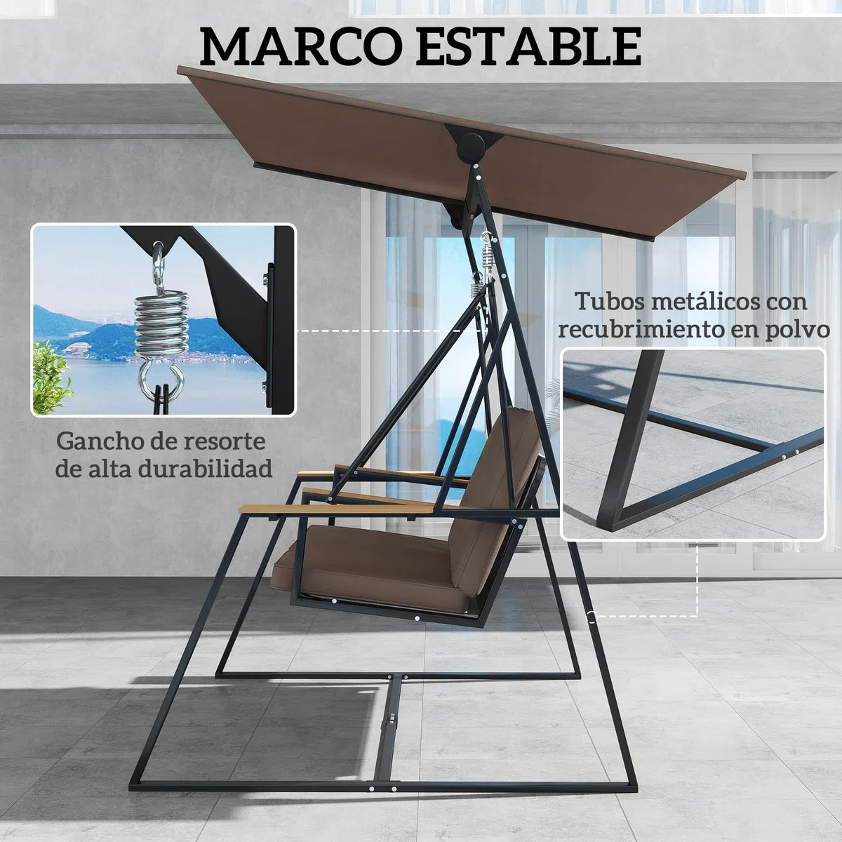 Outsunny Columpio de Jardín de 3 Plazas, Balancín de Jardín Exterior con Techo Ajustable UPF50+, 2 Bandejas, Cojines y Marco de Metal, para Balcón, Terraza, Patio, Carga 360 kg, 222x131x175 cm, Marrón