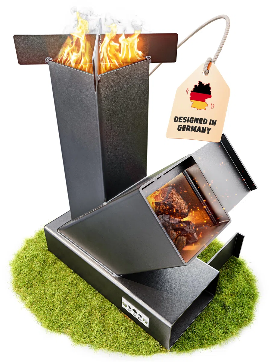Horno de cohetes exterior para horno holandés, barbacoa, terraza, etc. Sin montaje. Estable y compacto. Rocket Stove como horno de camping para cocinar sin gas ni electricidad. Estufa de cañón