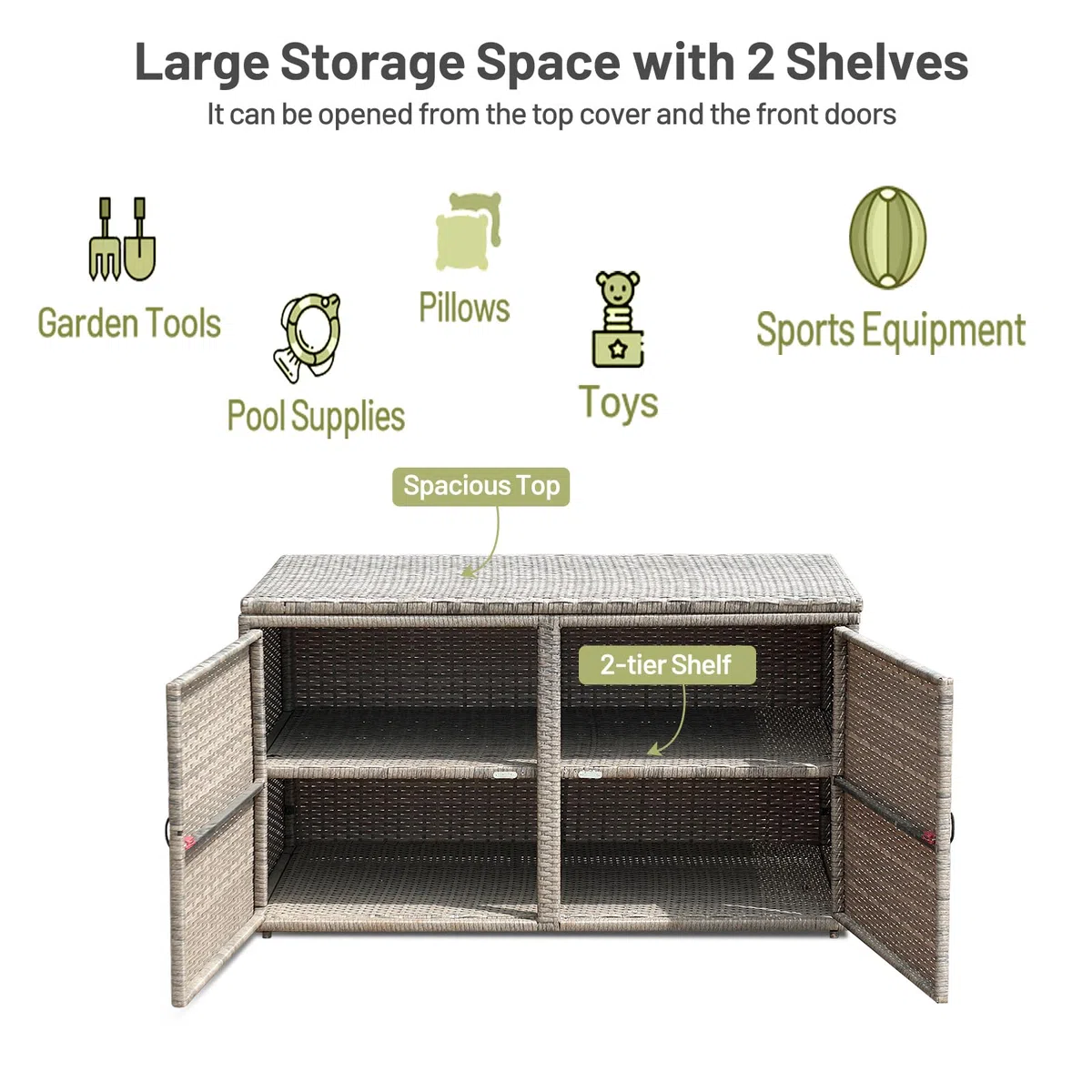LIFEZEAL Caja de almacenaje de 2 niveles de ratán PE, Baúl grande con 2 puertas y tapa, Armario para jardín, balcón, piscina, salón, interior exterior, 115x60x65 cm (Gris)