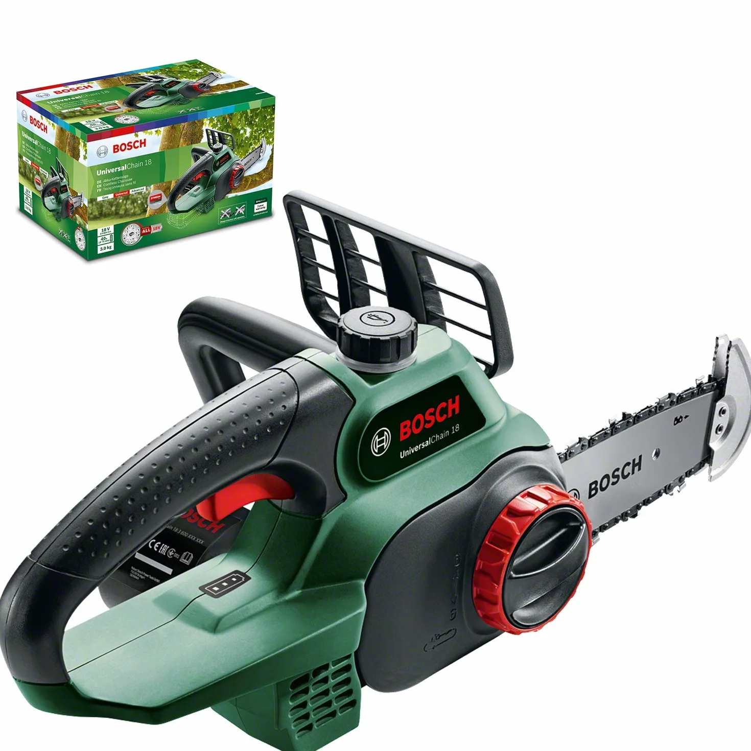 Bosch sierra de cadena a batería UniversalChain 18 (sin batería, caja de cartón, sistema SDS, longitud de la espada: 200 mm, sistema de 18 V)