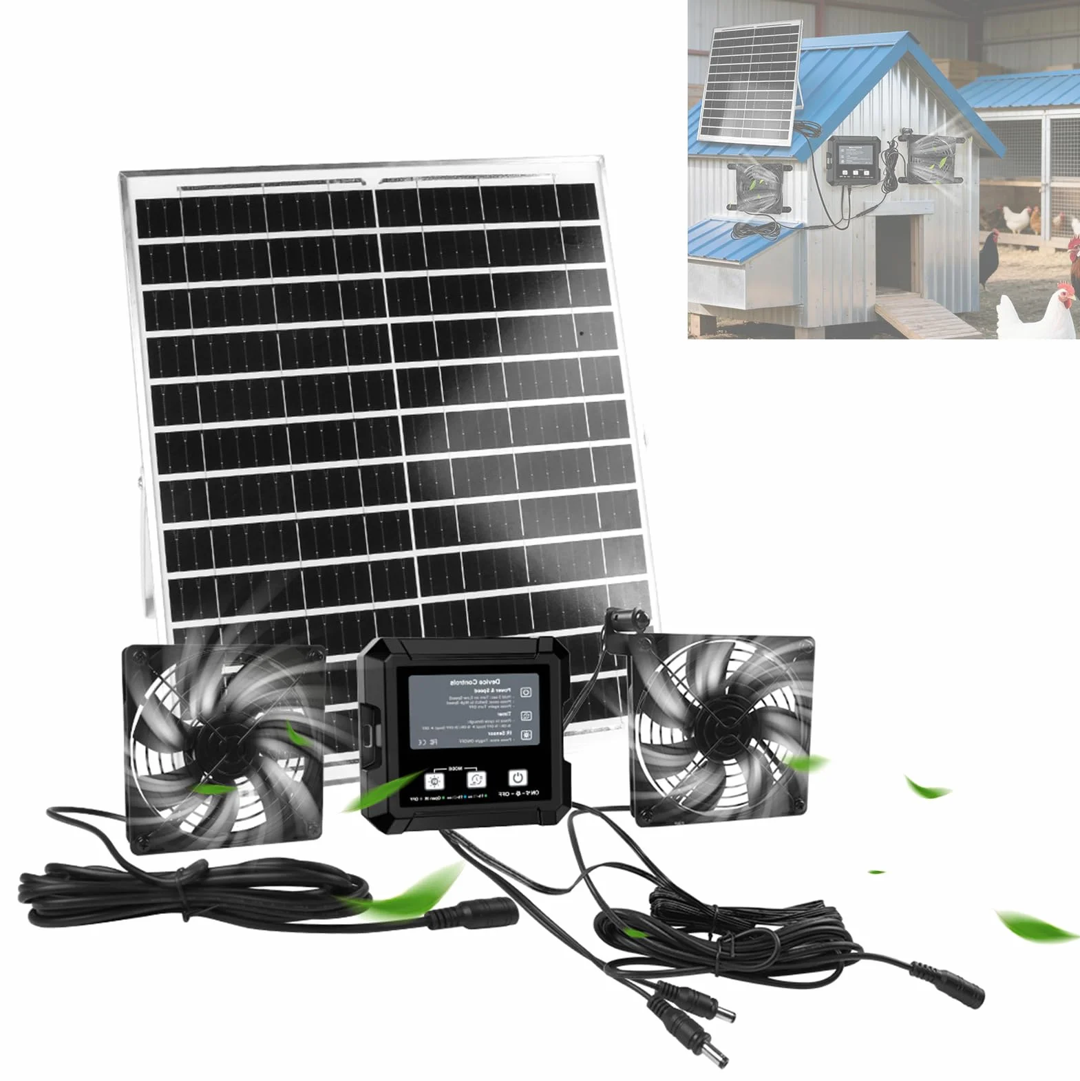 Kit de Ventilador Solar Exterior con Temporizador, 3 Modos, Doble Alimentación Panel Solar de 40 cm + Batería, con Dos Ventiladores para Gallinero, Caseta para Perros, Invernadero, Cobertizo de Jardín