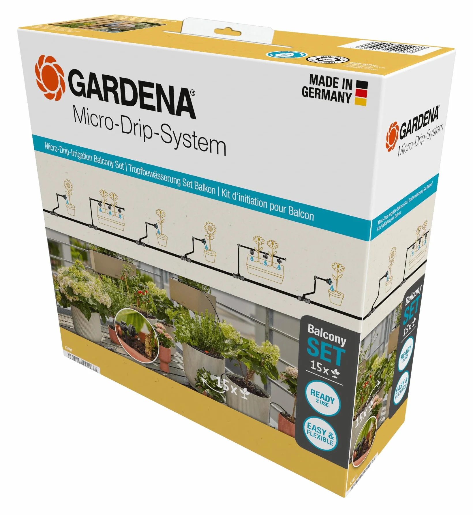 Gardena sistema Micro-Drip set de riego por goteo para balcón (15 plantas): Set de inicio, de instalación inmediata, sistema de riego eficiente, técnica de conexión fácil & flexible (13401-20)
