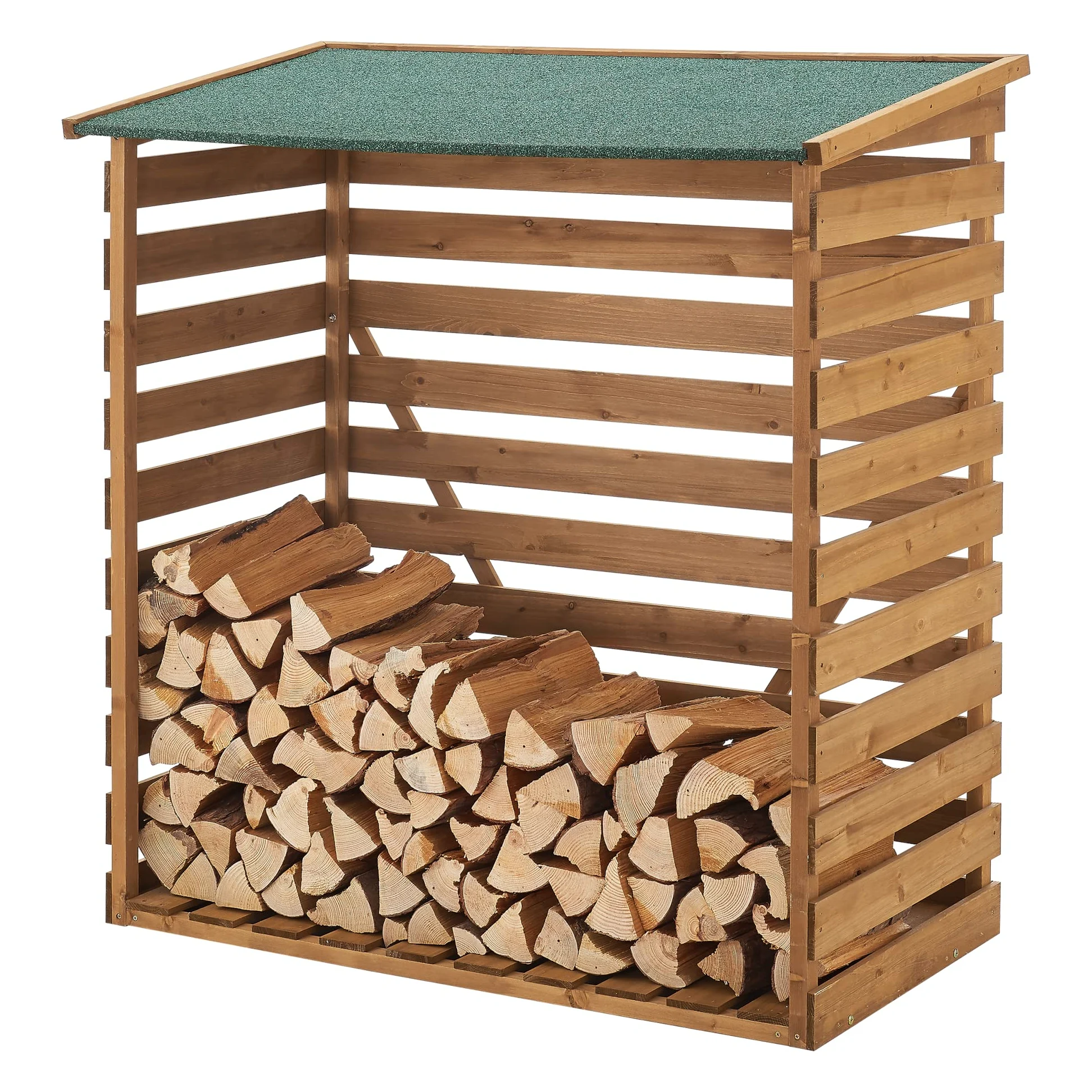 [en.casa] Soporte para Leña Leñera con Techo Impermeable Estante para Leña Madera de Abeto Bitumen 123 x 116 x 64 cm Natural Verde