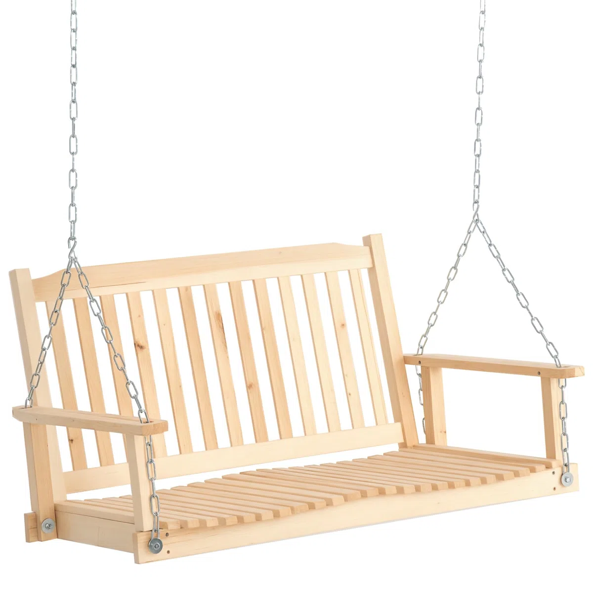 Outsunny Banco Columpio de Madera de 2 Plazas Banco Balancín Colgante con Reposabrazos Cadenas Ajustables y Diseño Listones Carga 200 kg para Jardín Terraza Balcón 117x69x60 cm Natural