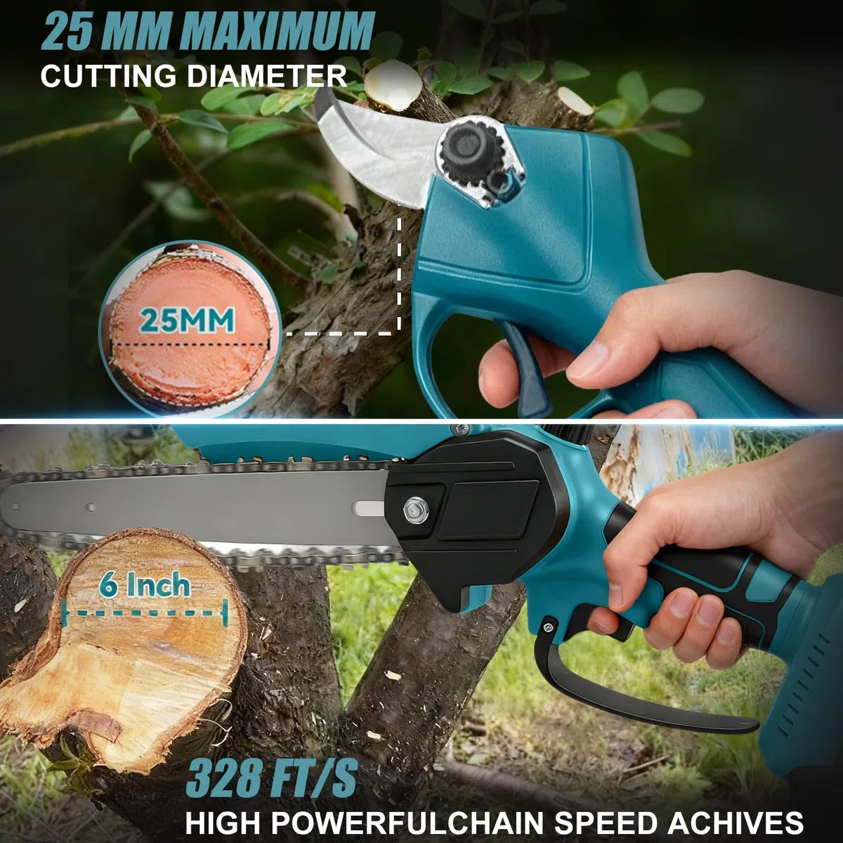 6 Pulgadas Mini Motosierra Telescopica & 25 mm Tijeras de Podar Eléctricas, 4 en 1 Kit de Herramientas de Jardín con 2 * 3000 mAh Baterías, Altura Ajustable 4.2m, Para Jardín y Huerto (Con batería)