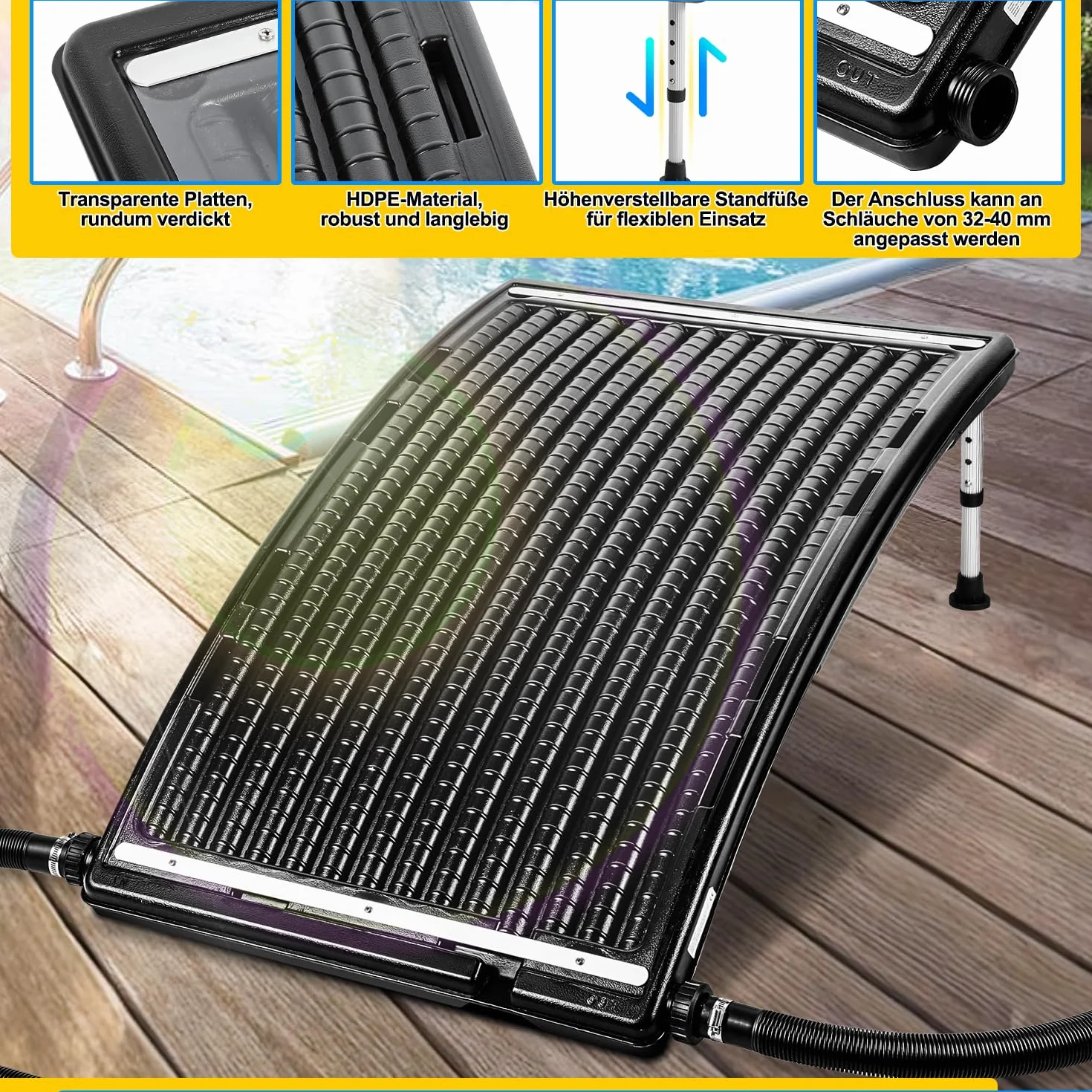 Jopassy Calefacción solar para piscina, panel solar, 113 x 69 x 35 cm, calefacción solar de 10000 L/H, conexión de 32 – 40 mm, calefacción solar ampliable, sistema solar para agua caliente, ducha de