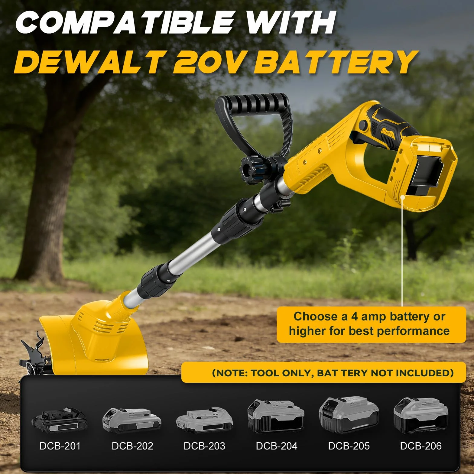 Azada de suelo inalámbrica compatible con batería Dewalt de 20 V, batería de 500 W, 20 cm de profundidad de labranza, 16 cm de ancho de mecanizado, 360 rpm, sin escobillas, plegable, fresadora