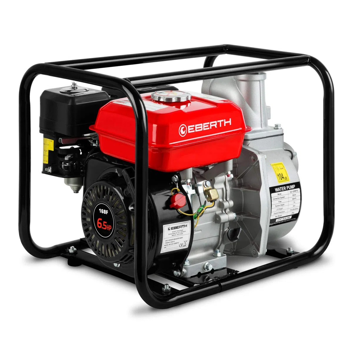 EBERTH Motobomba de agua a gasolina, motor de 4T y 6,5CV, caudal de 60.000l/h, conexión de 3 pulgadas, altura de aspiración de 7m y de impulsión de 30m, arranque por cable y con base metálica