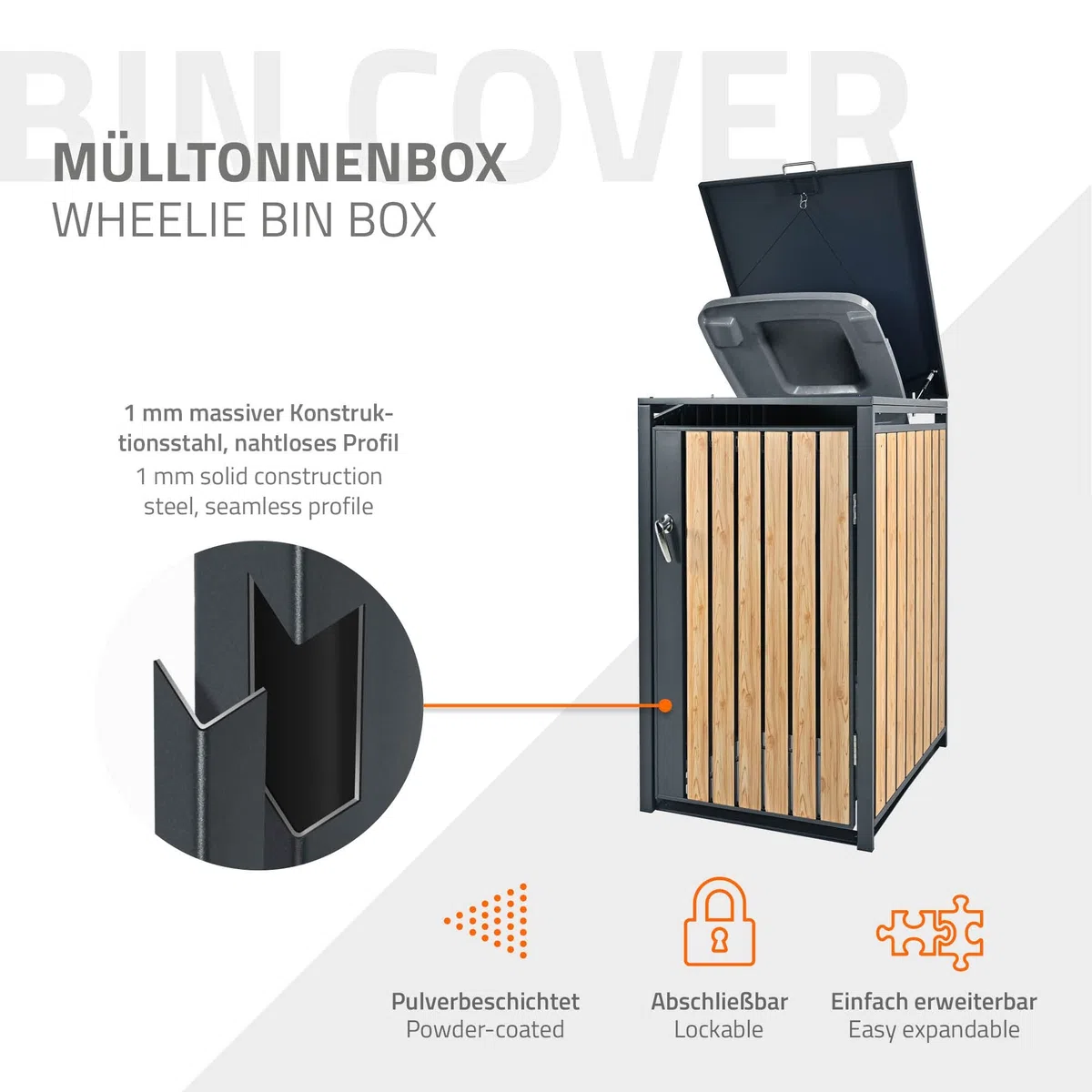 ML-Design Cobertizo para Ocultar Cubo de Basura 240L Antracita Aspecto Madera Alerce 68 x 80 x 116,3 cm Caseta de Acero para Jardín Exterior Contenedor Resistente Caja con Tapa Abatible y Cerradura