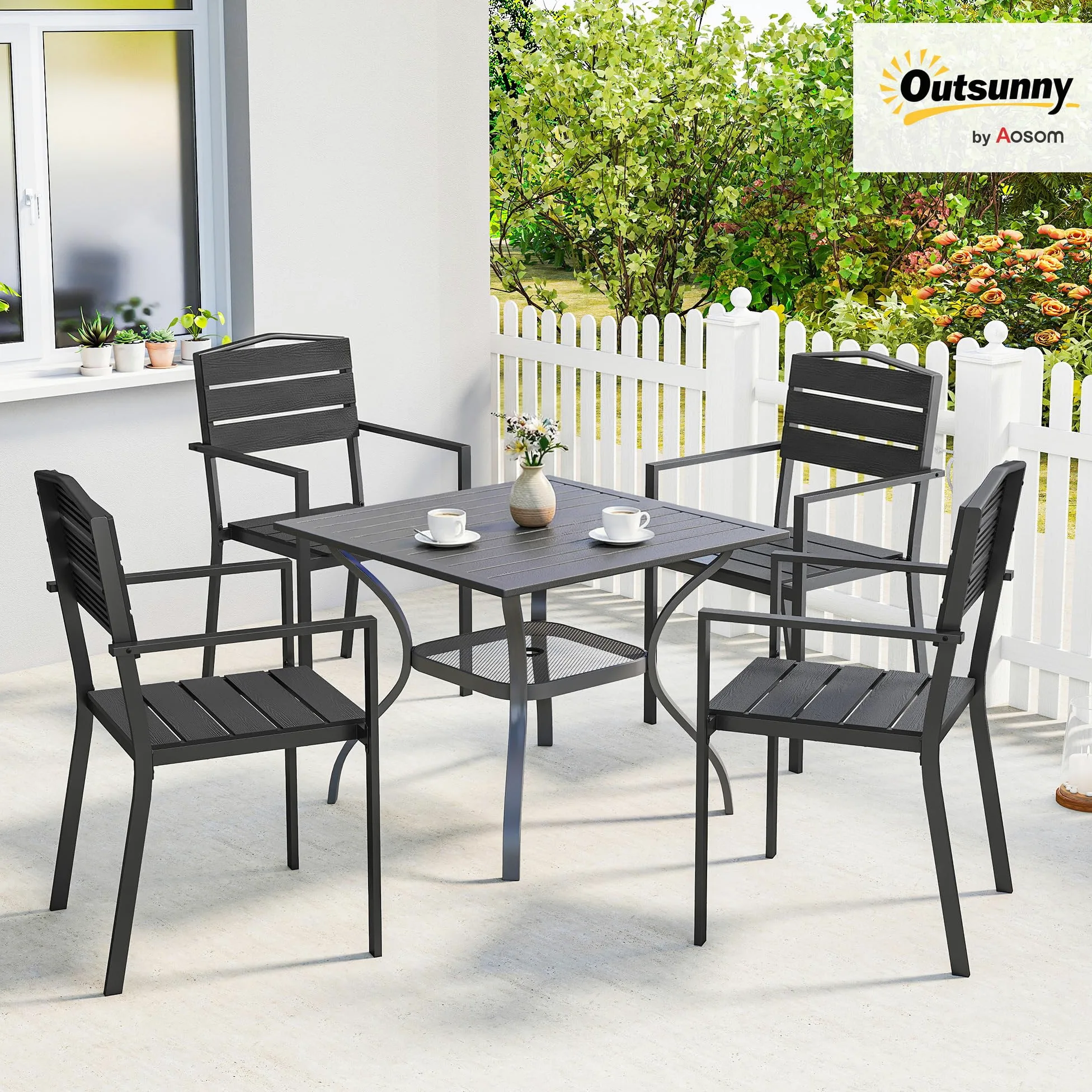 Outsunny Juego de 4 Sillas de Jardín Exterior Apilables, Sillas Terraza Exterior con Reposabrazos, Asiento y Respaldo de HDPE con Listones, Estructura Metálica Resistente, 52x51x90 cm, Negro