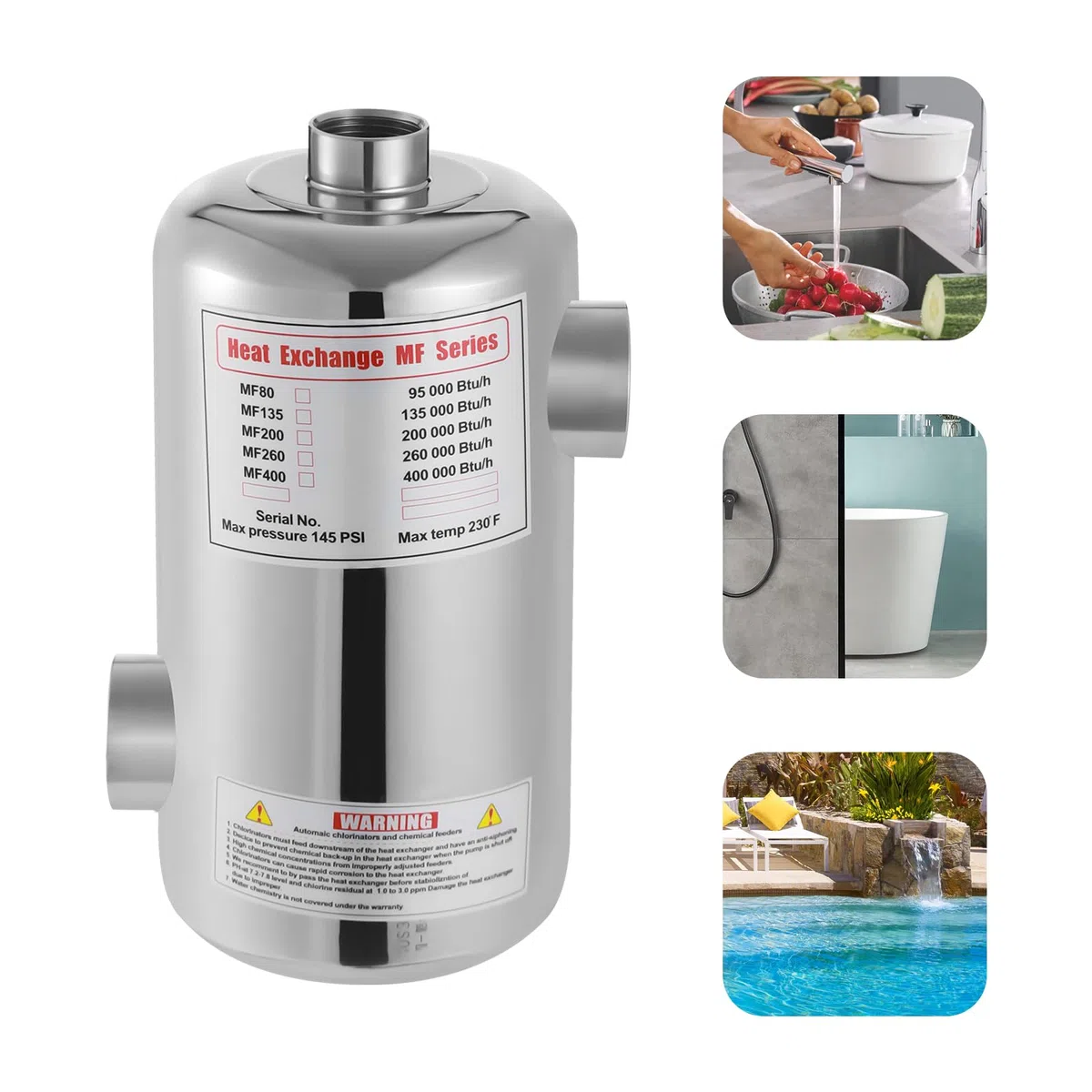 Intercambiador de calor para piscina, 28 kW, calentador de piscina, acero inoxidable, intercambiador de calor para sistema de piscina, 150 L/min flujo de agua de piscina, 18 L/min flujo de agua