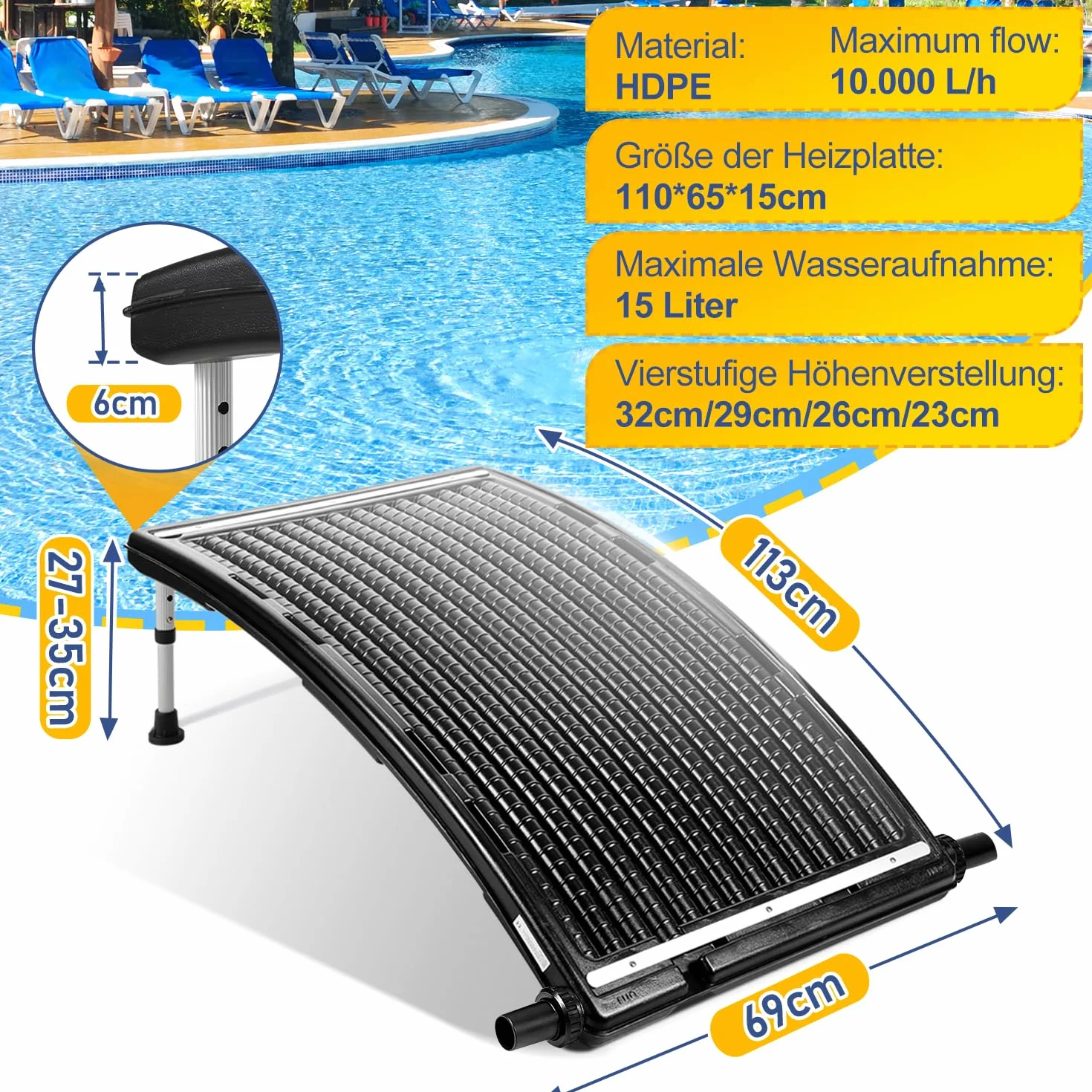 Calefacción solar para piscina, 2 juegos, 110 x 69 x 14 cm, panel solar, conexión de 38 mm, calentadores solares para agua caliente, piscina, calefacción de piscina
