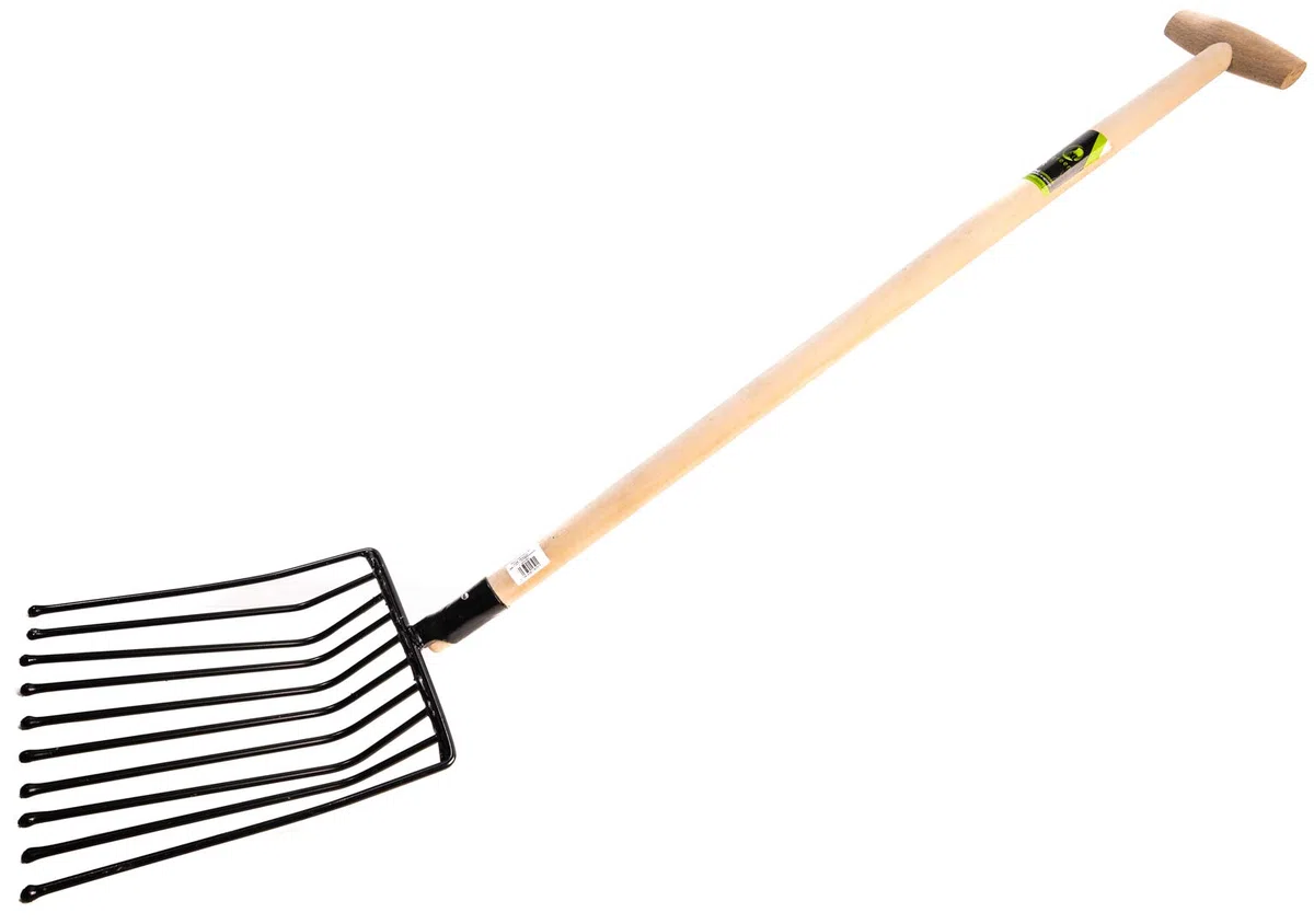 KOTARBAU® Horca de 10 púas 115 cm, Horca con púas terminadas en Bolas para no dañar los tubérculos, Horca para Patata, Remolacha y maíz, Horca de Acero Templado con Botones, Horca con Mango de Madera