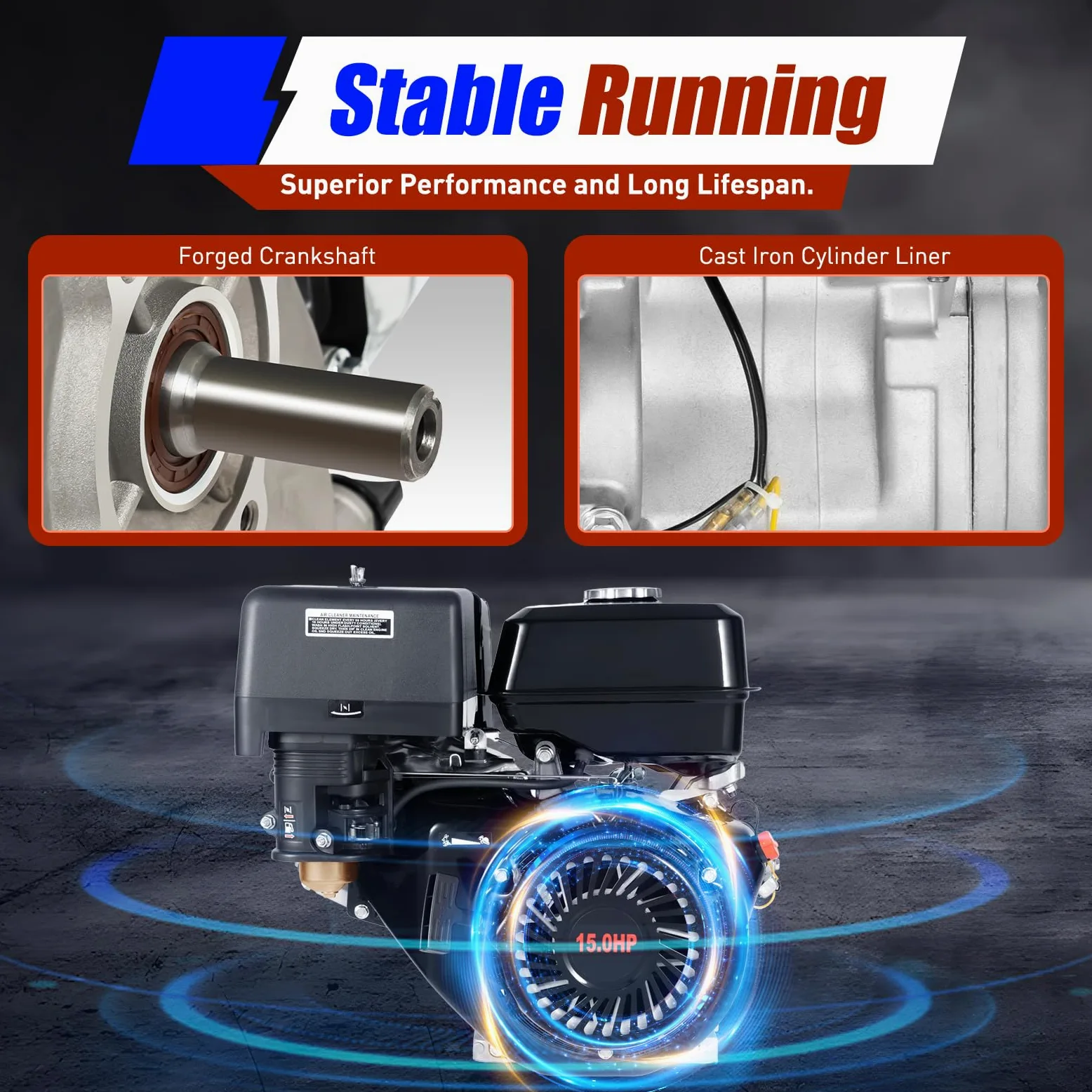 Motor de gasolina de 15 CV, motor de 4 tiempos, 420 cc, con arranque por cable, motor de gasolina de 3600 rpm, 9700 W, bajo consumo de combustible para dispositivos agrícolas, Home Backup (12,9 x 16,1