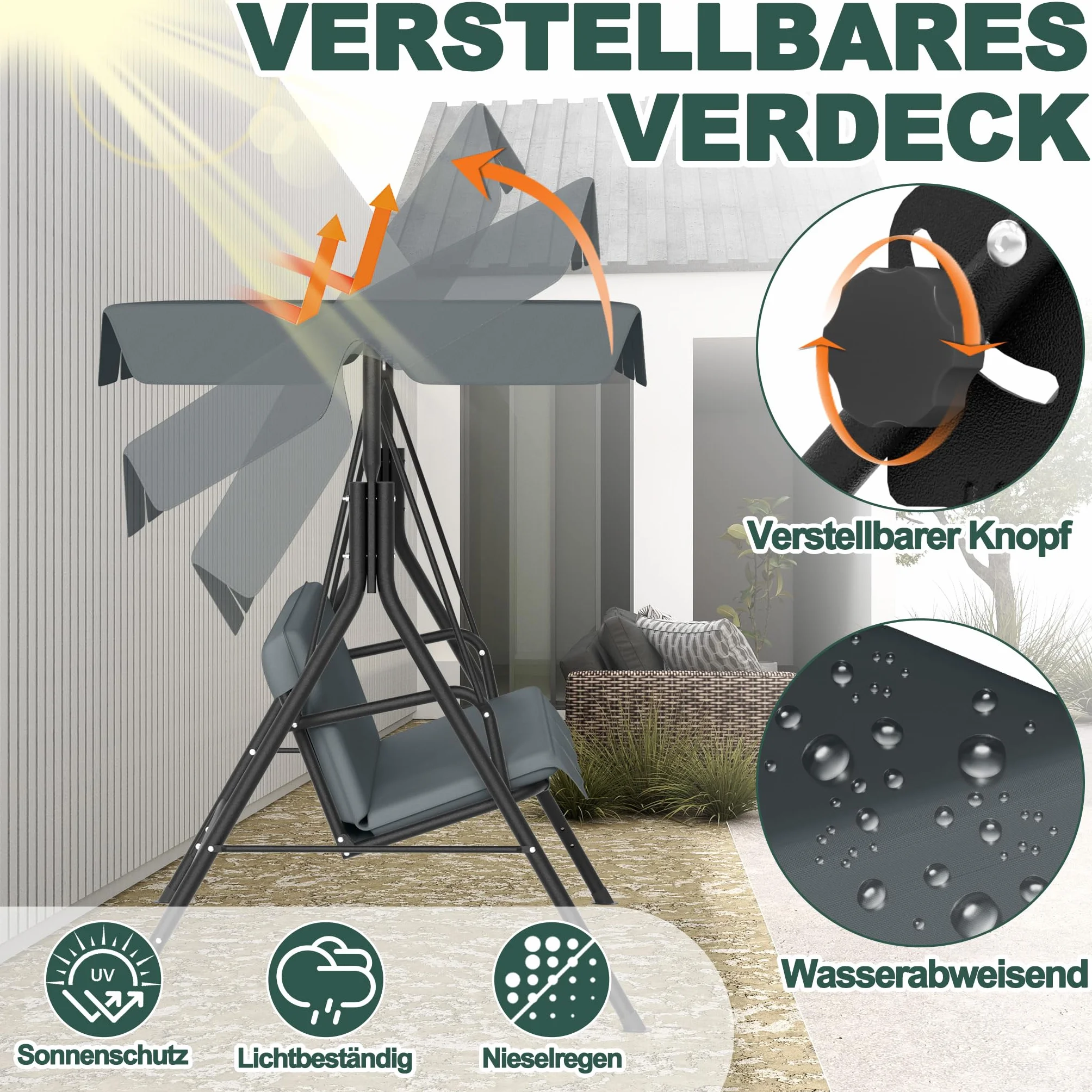 Froadp Columpio de jardín para exteriores con techo, 3 plazas, soporta hasta 200 kg, resistente a la intemperie, columpio para adultos en el jardín, balcón, terraza, 176 x 110 x 152 cm, antracita
