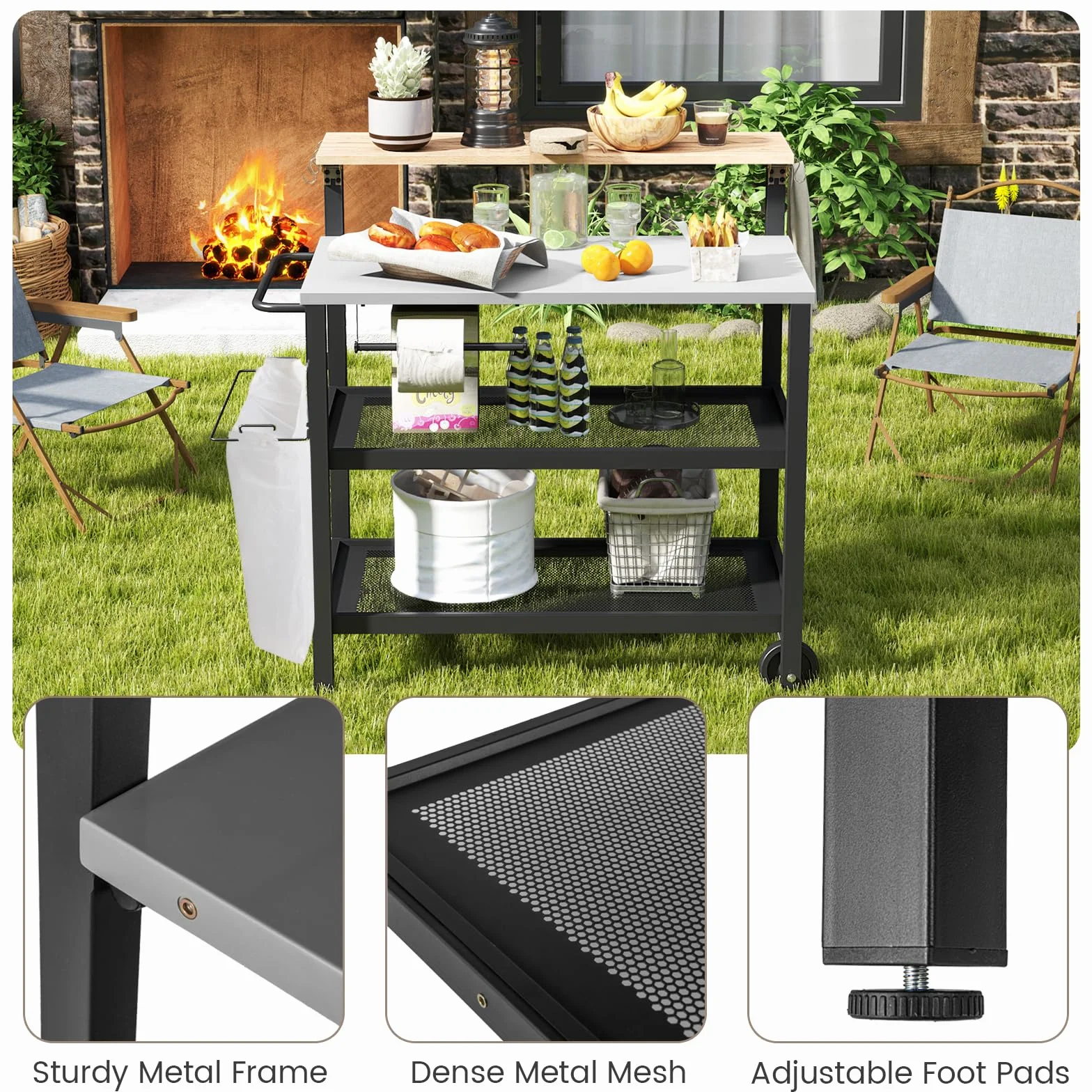 GIANTEX Carro de Cocina Multifuncional 4 Niveles, Carrito de Servicio con Tablero Plegable, Portarrollos de Pañuelos, Portabolsas y Ganchos, 2 Ruedas, Carro de Barbacoa para Patio, Balcón