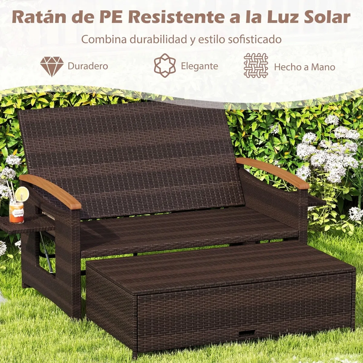COSTWAY Sofa Exterior de Ratán con Reposapiés de Almacenamiento, 2 Plazas Tumbona Acolchado, Cama Respaldo Ajustable de 4 Niveles, Bandejas Laterales Retráctiles, Tumbona Doble de Ratan (Marrón)