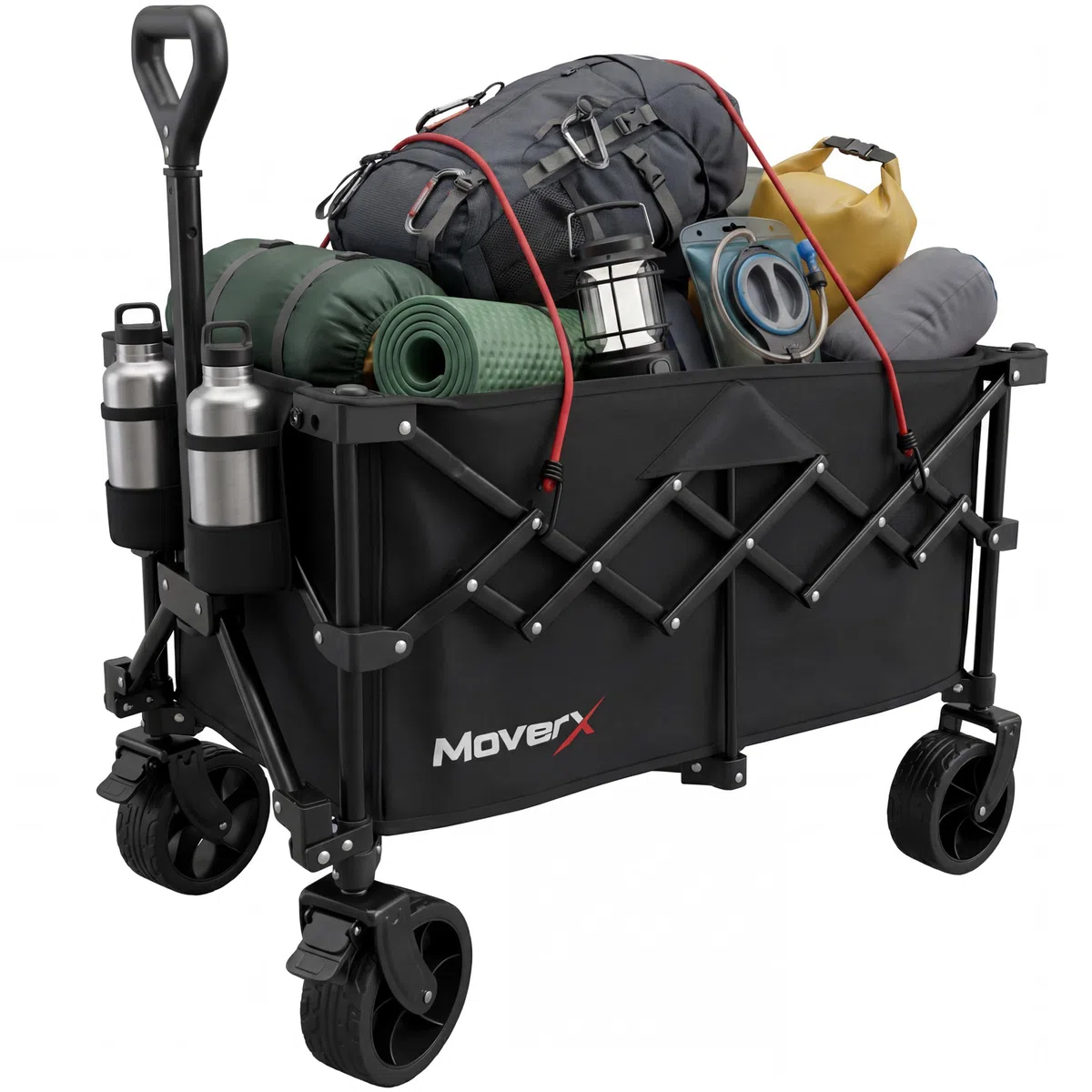 MoverX Carrito de festival de 120 litros, plegable, para camping, playa, al aire libre, jardín, picnic, compras, pesca, ruedas anchas, mango