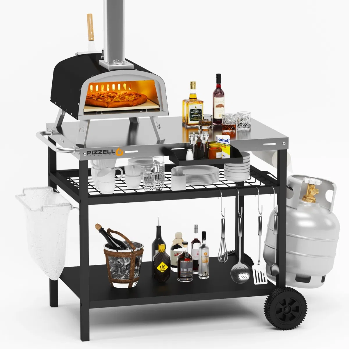PIZZELLO Carrito de comedor con parrilla al aire libre de tres estantes, carrito de barbacoa móvil, mesa de trabajo multifuncional de acero inoxidable para preparación de alimentos con dos ruedas,