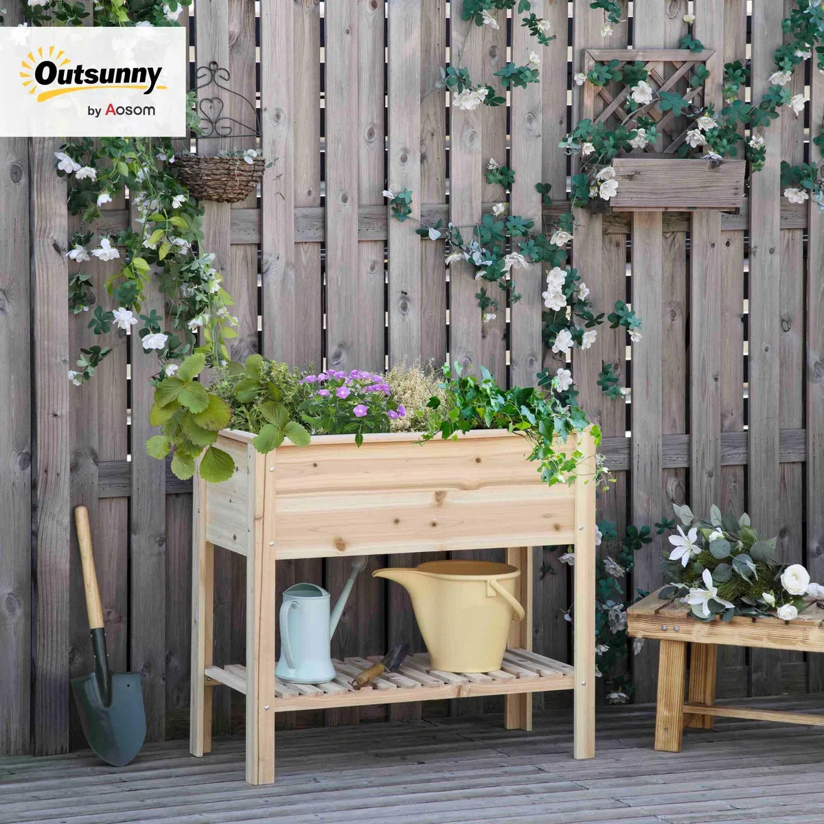 Outsunny Huerto Urbano Elevado con Estante Mesa Jardinera de Cultivo de Madera con Tela no Tejida para Cultivos Plantas Flores Jardín 90x40x81 cm Natural