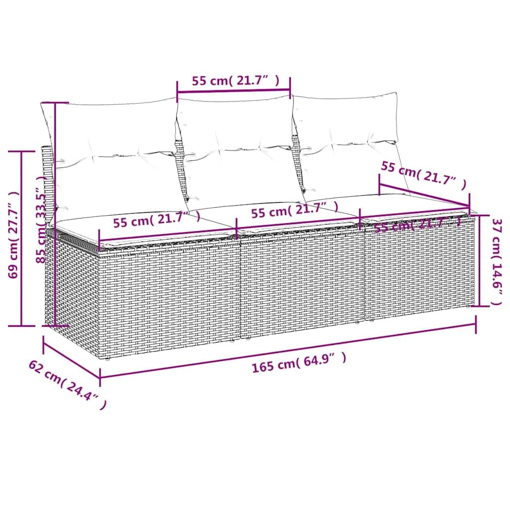 vidaXL Sofá de Jardín de 3 Plazas con Cojines, Sillón de Exterior, Sofá Modular, Asiento para Patio Terraza Balcón, Ratán Sintético Negro