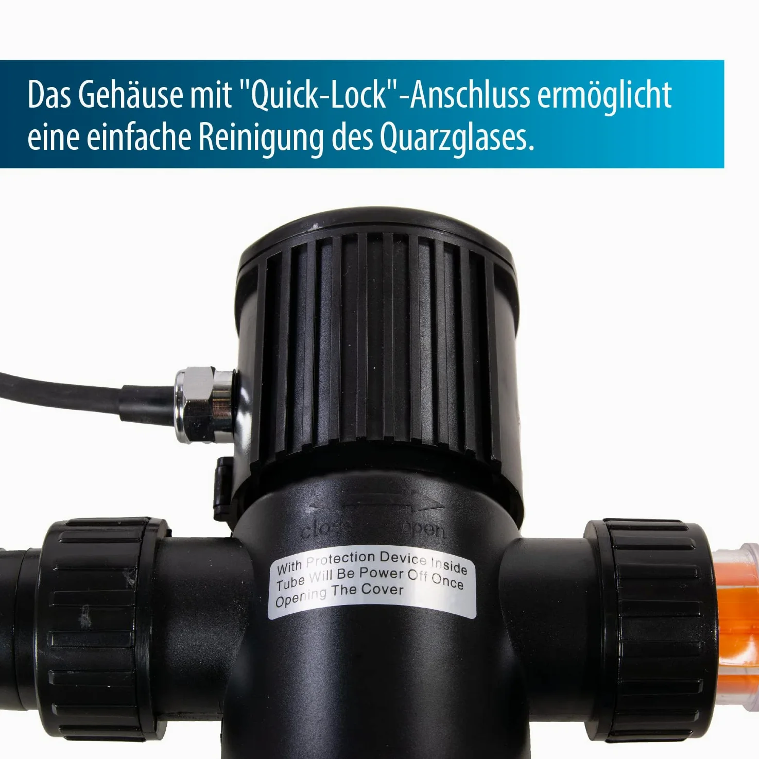 AquaForte GUV-218 UV-C, máx. Estanque 20 m³, caudal máximo 2,5 m³/Hora, 18 W, Carcasa con Conector de Bloqueo rápido, 3 boquillas de 20/25/32/40 mm y Vidrio de visión UV, Interior en Forma de Helix
