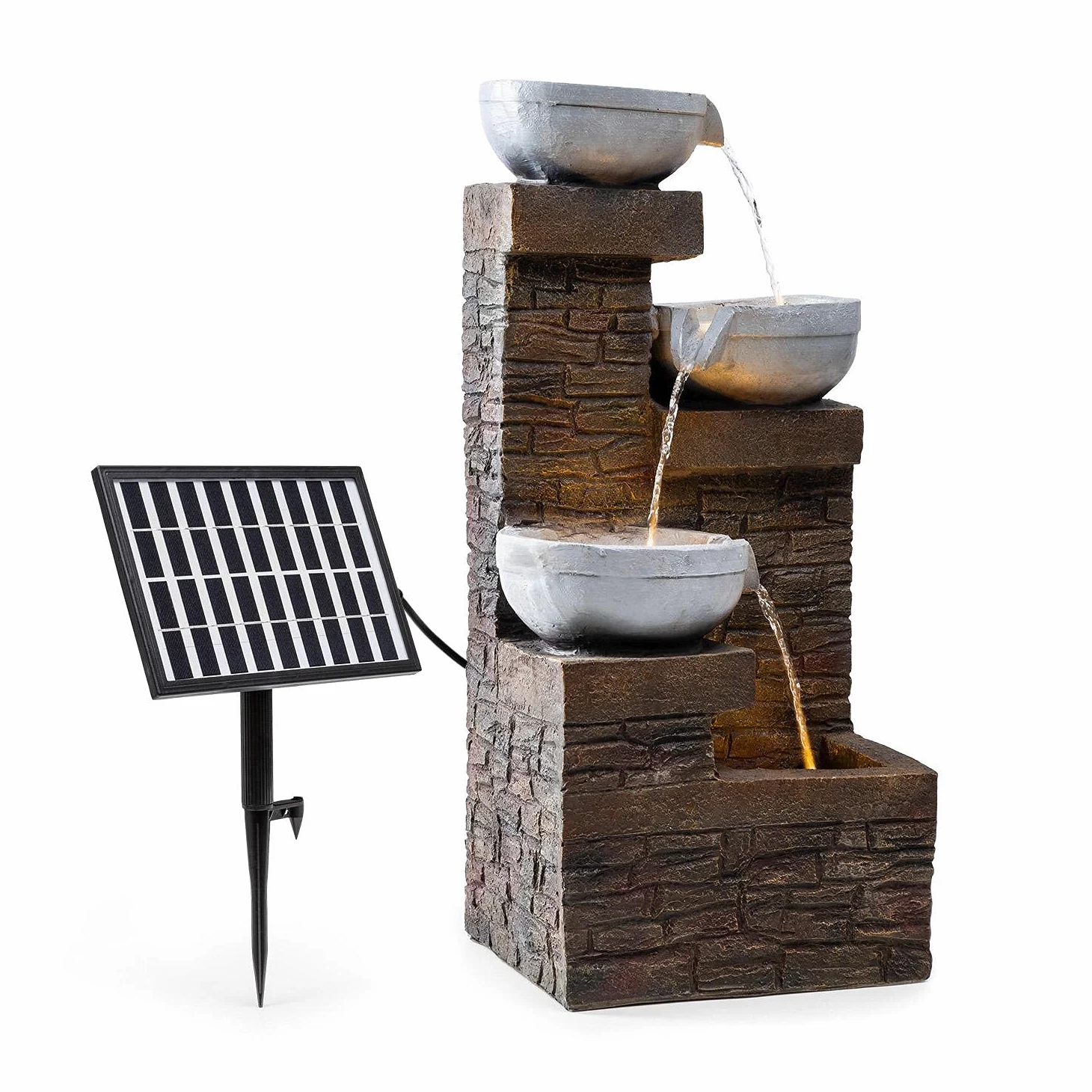 blumfeldt Fez - Fuente Solar, para Interiores y Exteriores, 3 cascadas, Potencia 5 W, Poliresina, Resistente Intemperie, Circuito Cerrado, Batería Recargable, Iluminación LED, 34 x 76 x 36 cm, Bronce