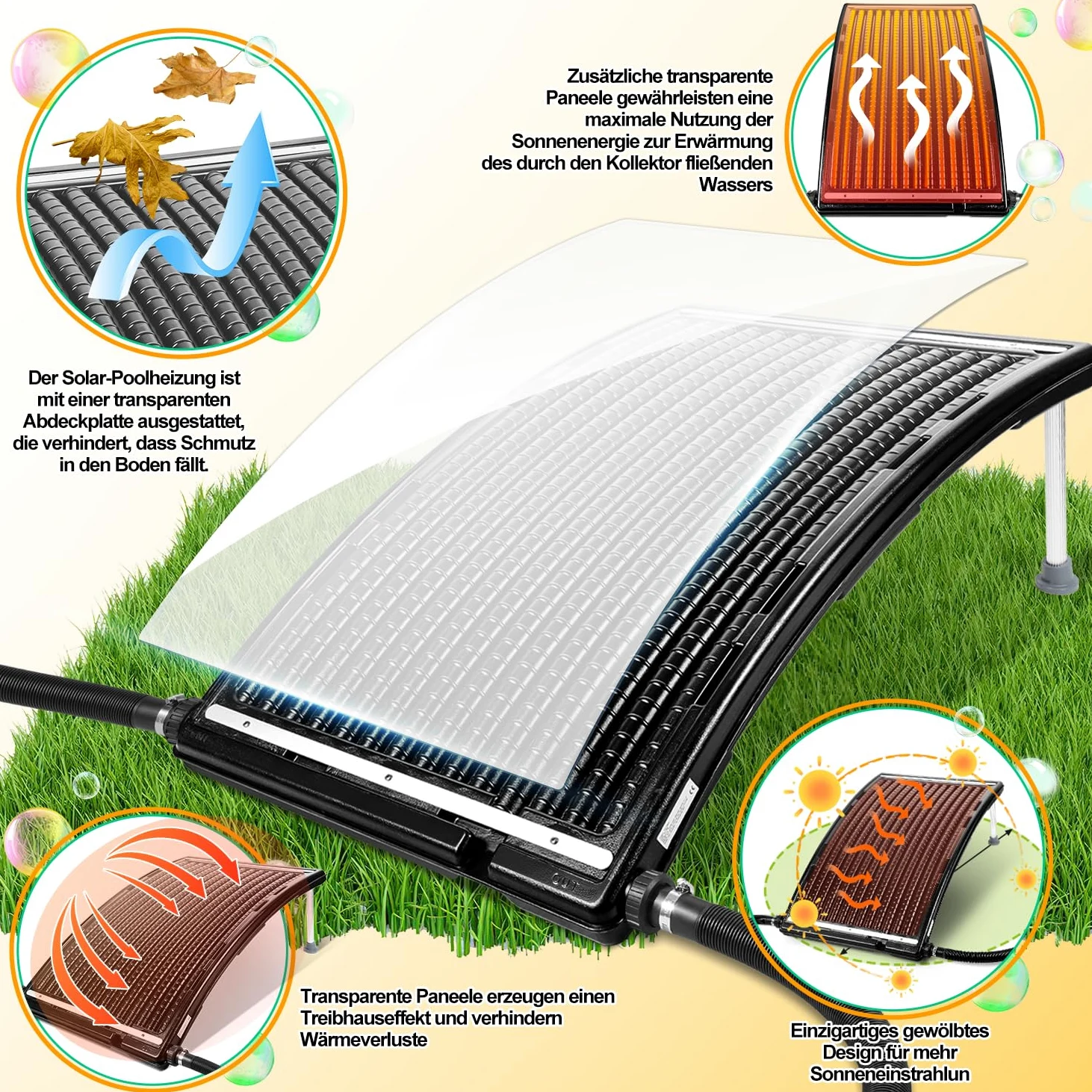 Herrselsam Calefacción solar para piscina 3 juegos, calefacción solar piscina 113 x 69 x 35 cm, panel solar conexión de piscina Ø 32 – 40 mm, altura regulable piscina calentadores solares para piscina
