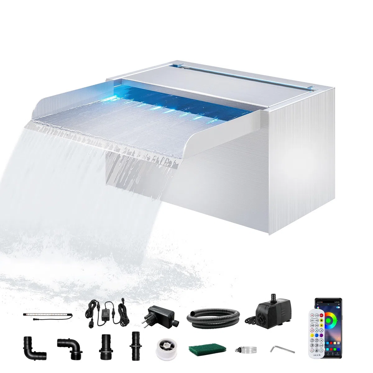 LONGRUN Kit de Cascada de Piscina de Acero Inoxidable de 23 cm, con luz LED RGB Bluetooth y Bomba de Agua de 1500 L
