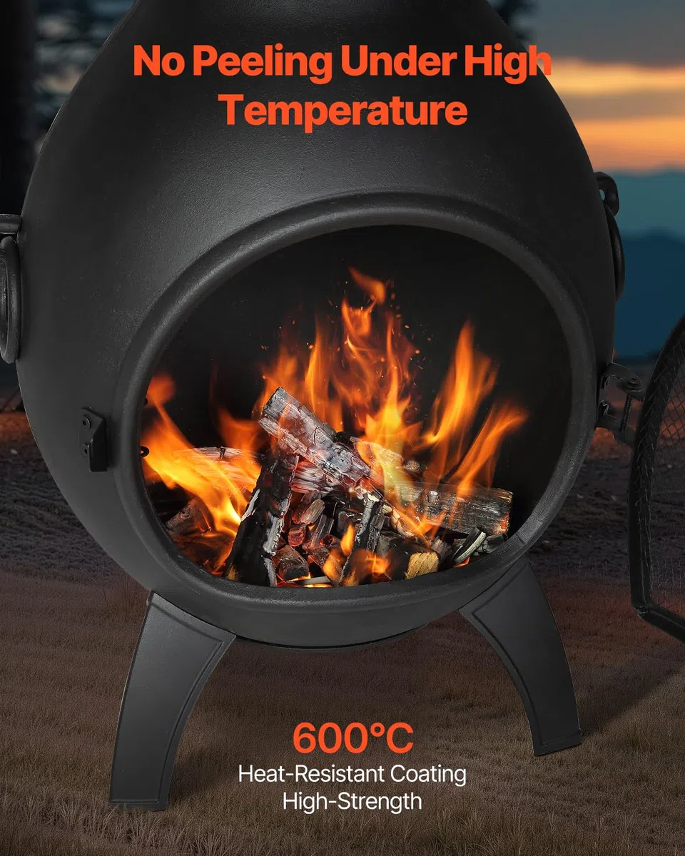 VEVOR Chimenea de Leña Exteriores 457 mm, Chimenea Esférica para Barbacoa y Calentamiento con Malla para Parrilla Revestimiento para Tapa a Prueba de Óxido para Patio, Jardín, 430 x 420 x 1120 mm