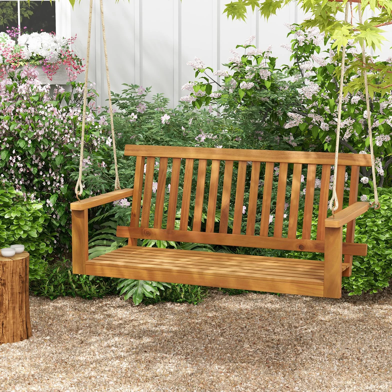 GOPLUS - Columpio de porche de 2 plazas de madera de acacia, silla colgante para 2 personas, asiento y respaldo con lamas, capacidad 360 kg, columpio para jardín, patio, 130 x 63 x 57 cm natural