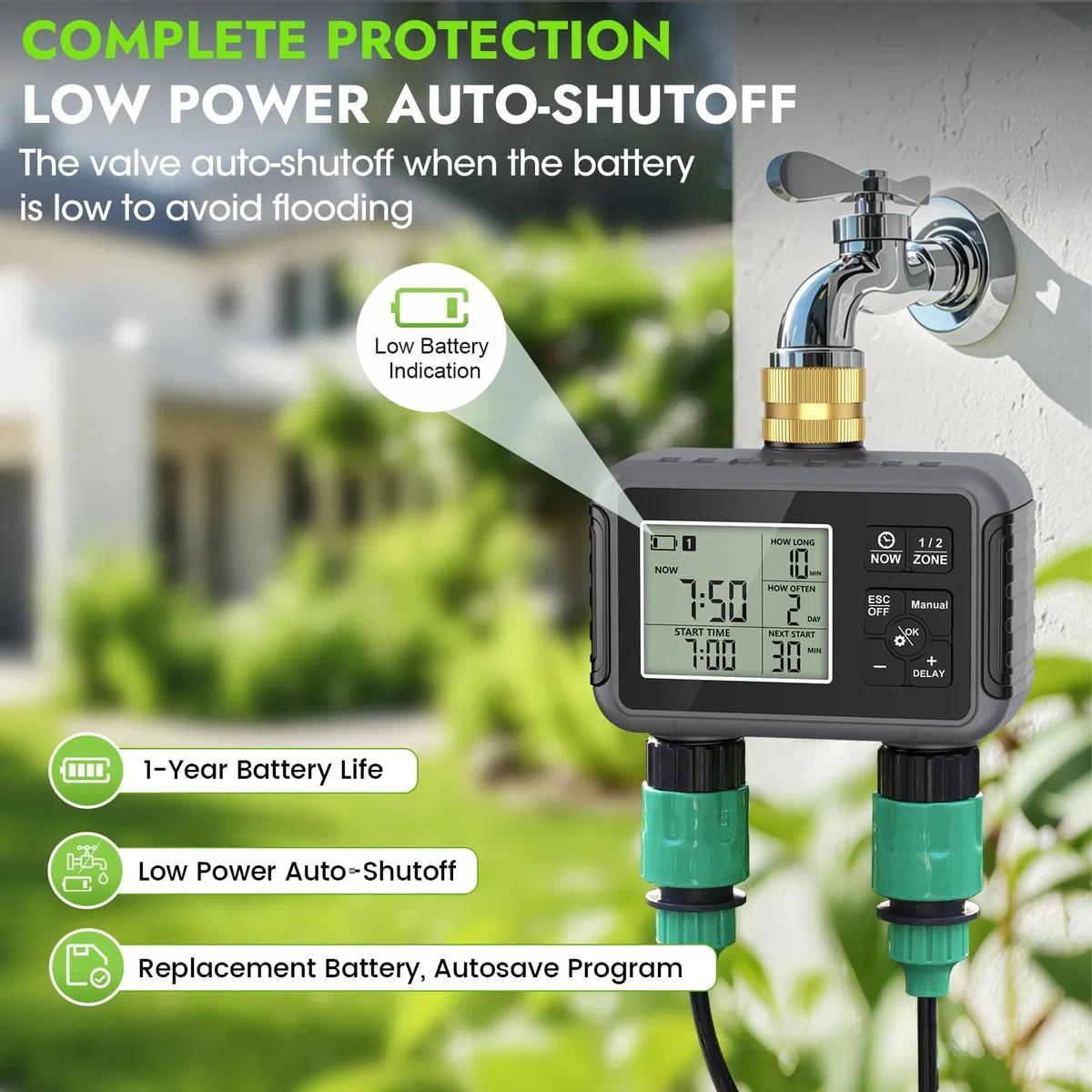 RIOGOO Temporizadores de Grifo para Manguera de jardín Exterior, Temporizador programable para aspersores con retardo por Lluvia (2 Outlet Water Timer)
