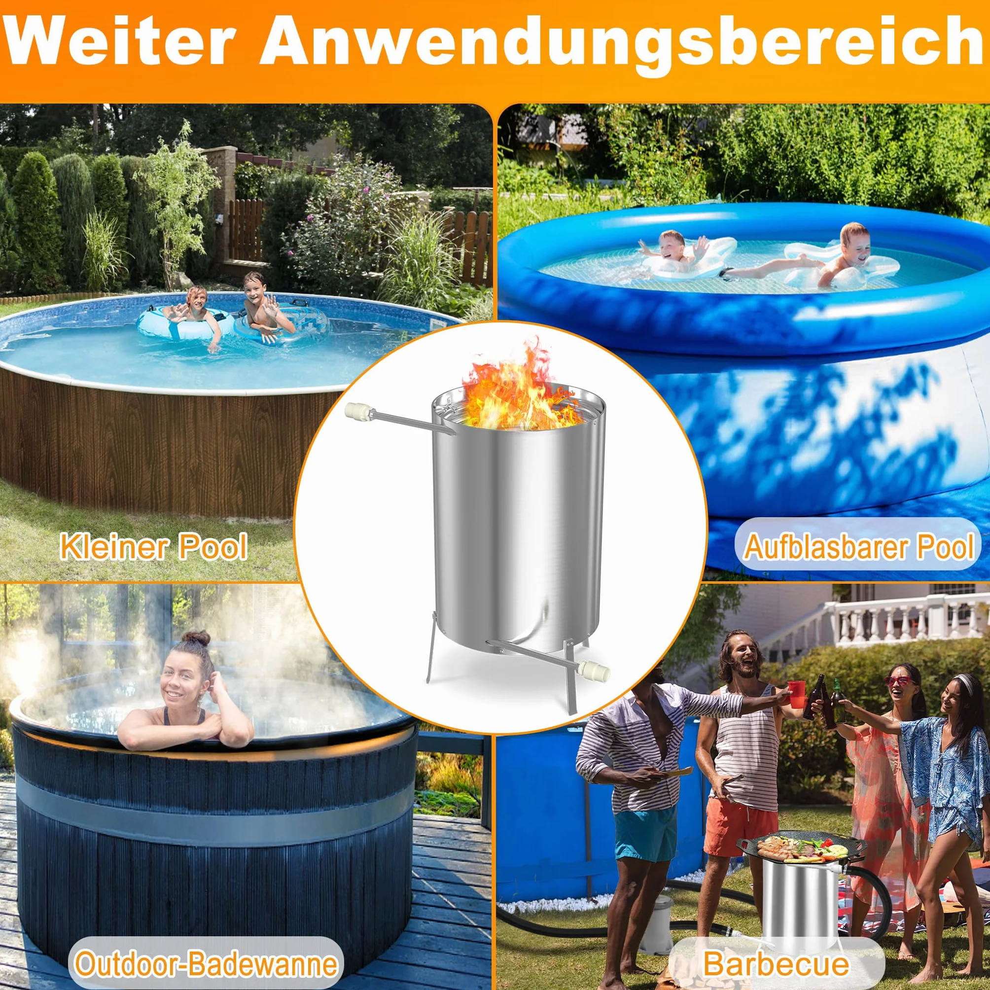 Froadp Calefacción de piscina con fuego, barril de fuego de madera de acero inoxidable con espiral de calefacción de 32/38 mm de diámetro, conexión para calefacción de piscina de madera, estufa de