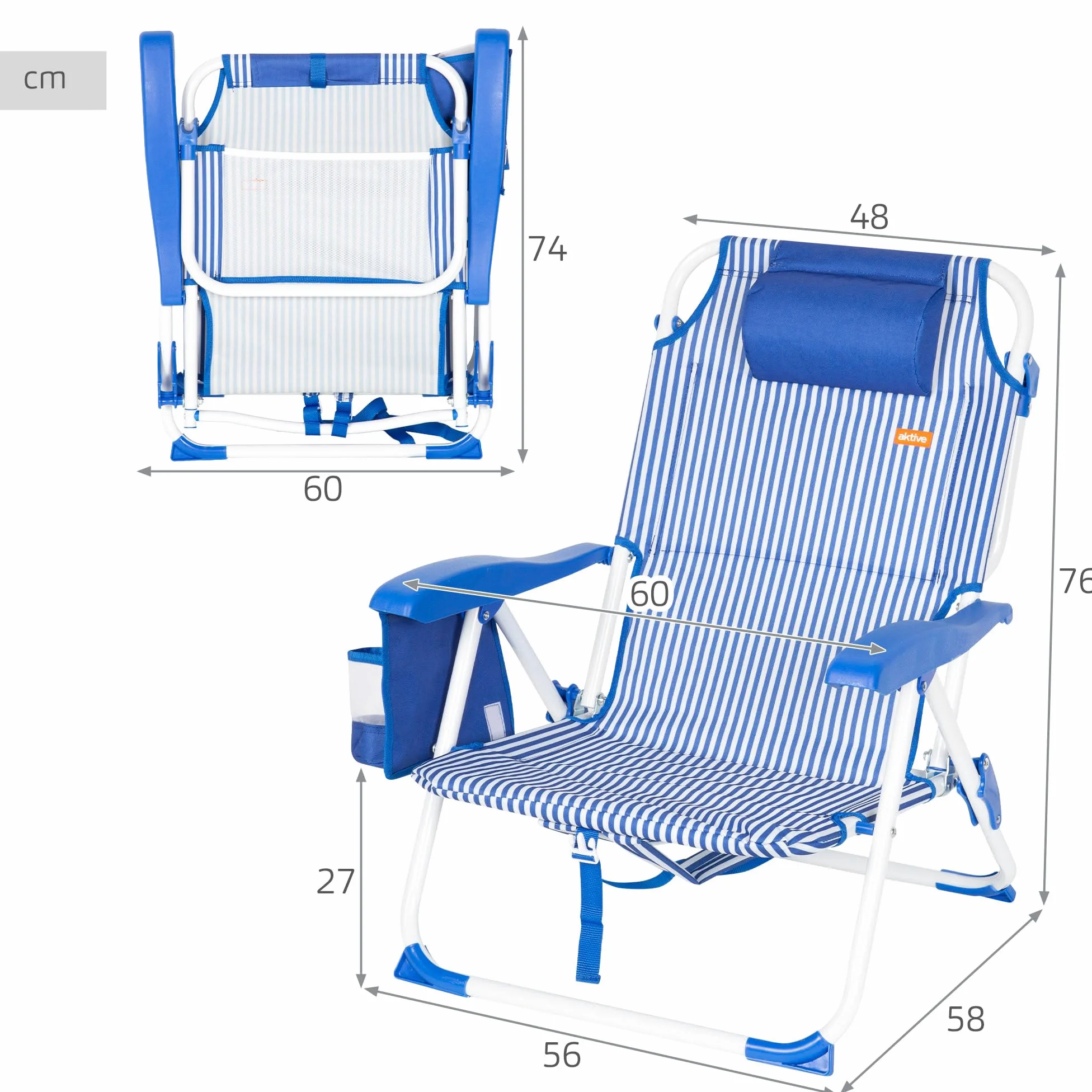 AKTIVE Silla de Playa Plegable, Azul Rayas, 48x58x76 cm, 4 Posiciones, Antivuelco, Aluminio y poliéster, Peso soportado 110 kg, Bolsillo Lateral y Trasero, Cojín, Transporte Mochila (62531)
