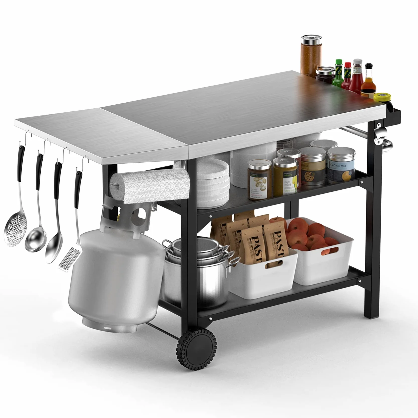 onlyfire Carros de Barbacoas, Mesa de Preparación de Alimentos de Acero Inoxidable con Mesa Auxiliar, Estantes de Acero de Dos Capas y Portautensilios