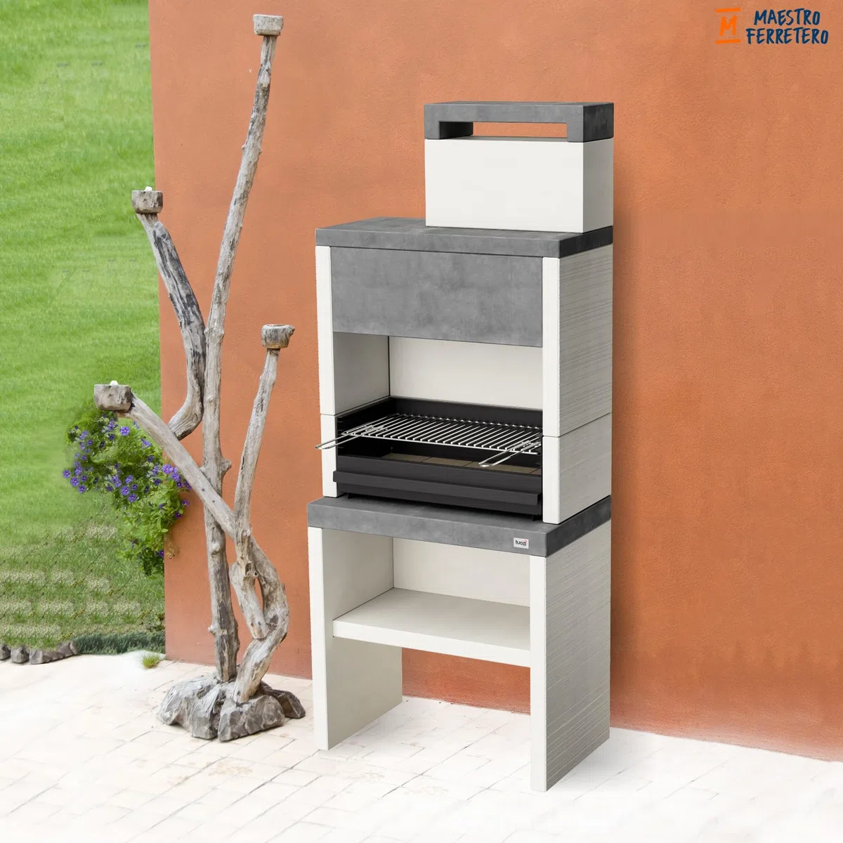 TUOZI - Barbacoa de Obra para Carbón Modelo PLAN 0 MAX (Gris/Blanco - 59 x 47 x 192 cm) REF: 8030 - Uso en Exteriores
