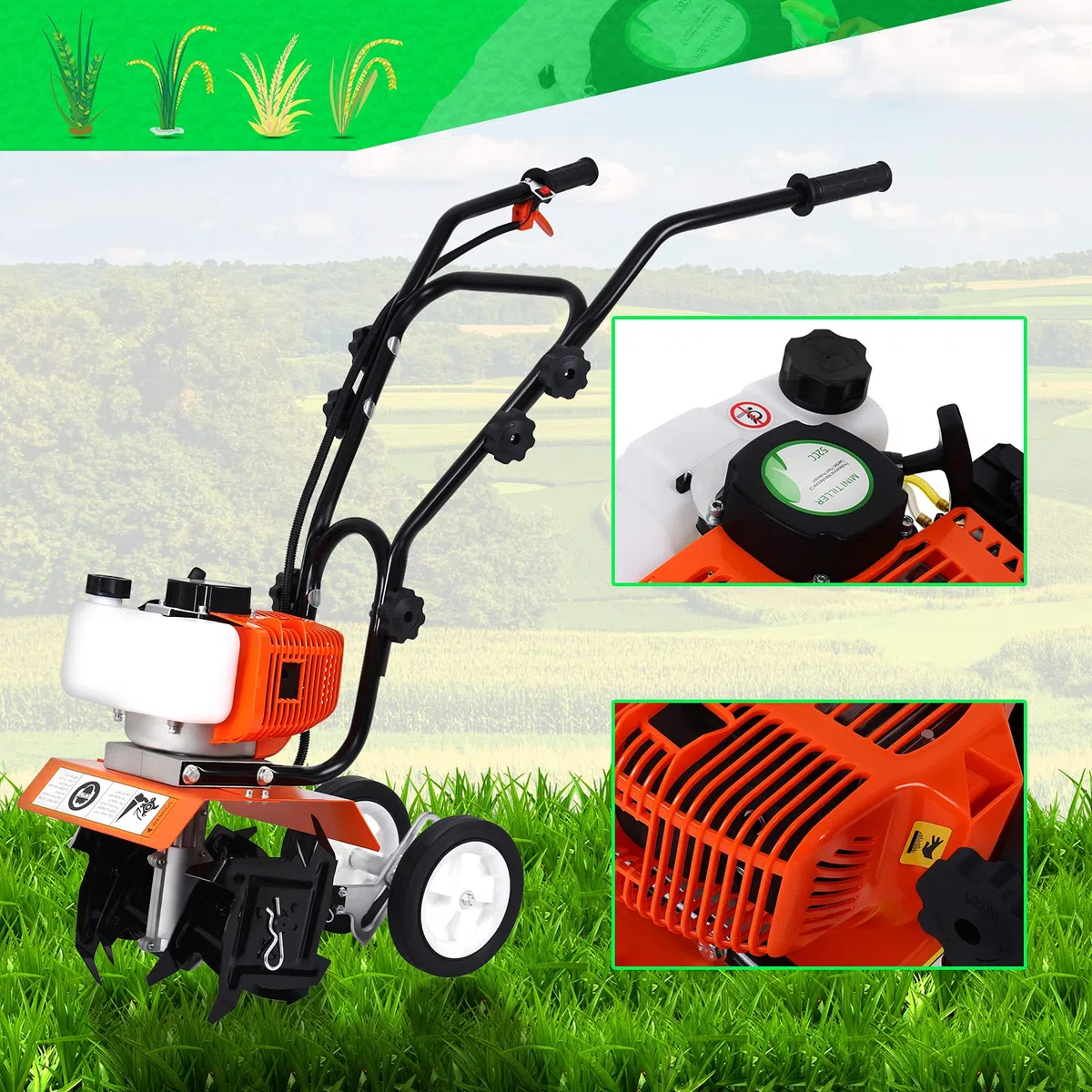52CC Motoazada Pequeña Gasolina, Mini Cultivador Gasolina 2 Tiempos Ligero, Motocultor Pequeño Gasolina con Motor Potente, Rotovator Motoazada para Jardín, Cuchillas Escarificadoras Robustas