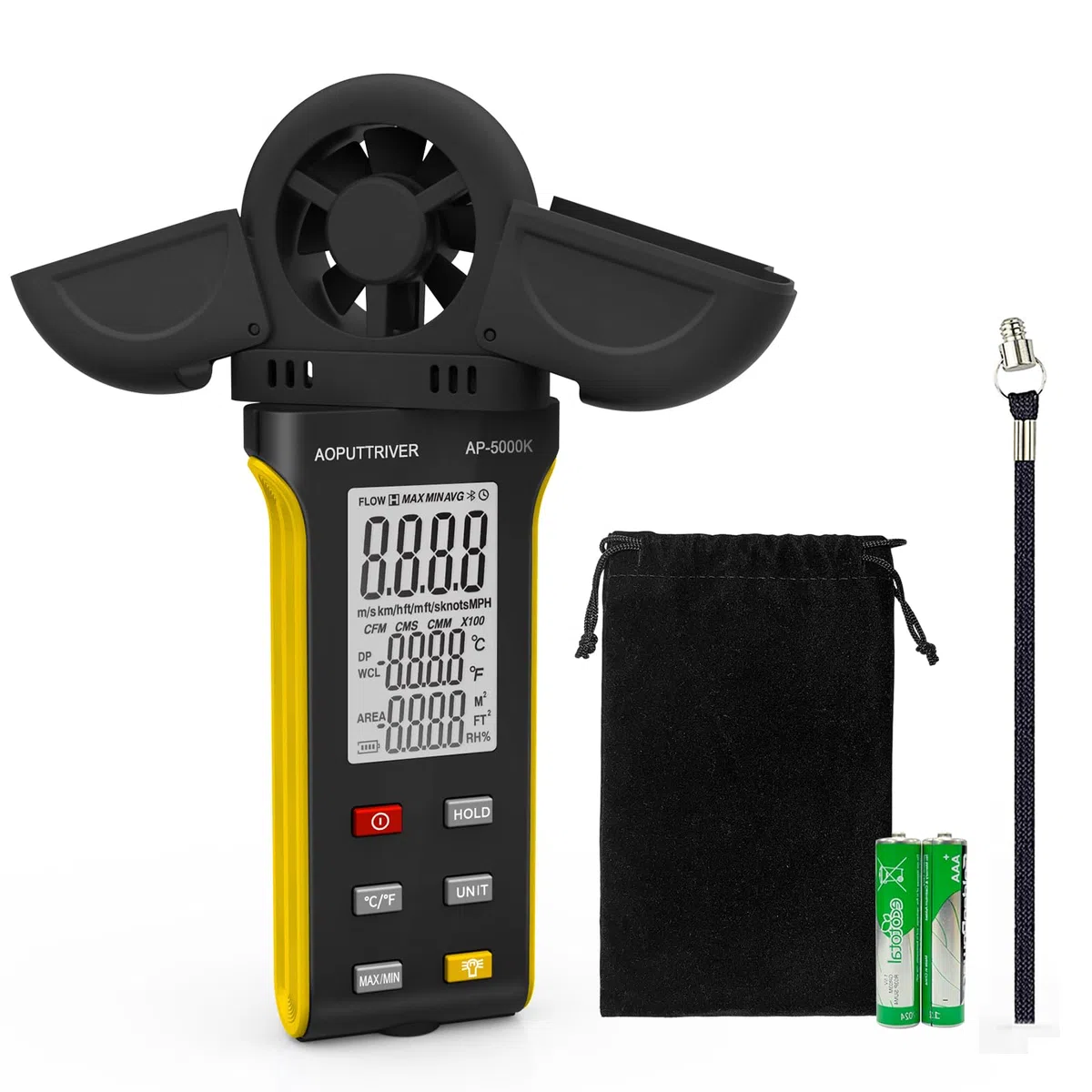 AP-5000K Anemómetro portátil con detector giratorio de 270° y doble tapa de ala, anemómetro retroiluminado, temperatura max/min/AVG