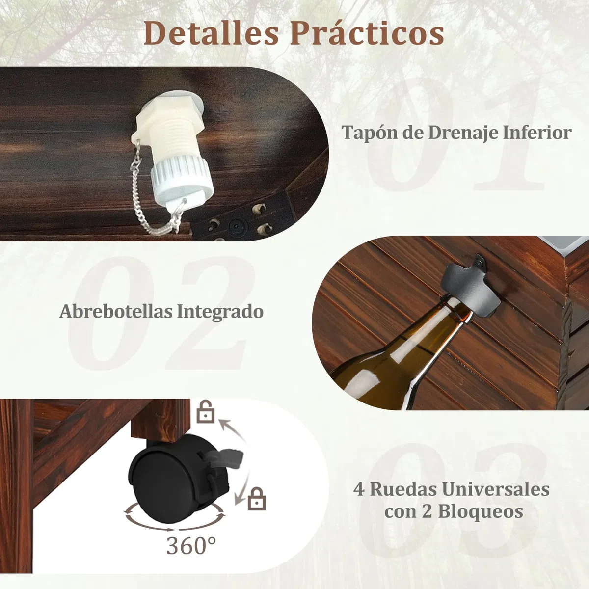 GYMAX Carrito Nevera Rodante de Madera, Enfriador Portátil 51L con 2 Mesas Plegables, Abrebotellas Integrado, Ruedas Bloqueables, para Patio, Piscina, Jardín, Barbacoa, Fiestas, Exterior, Camping