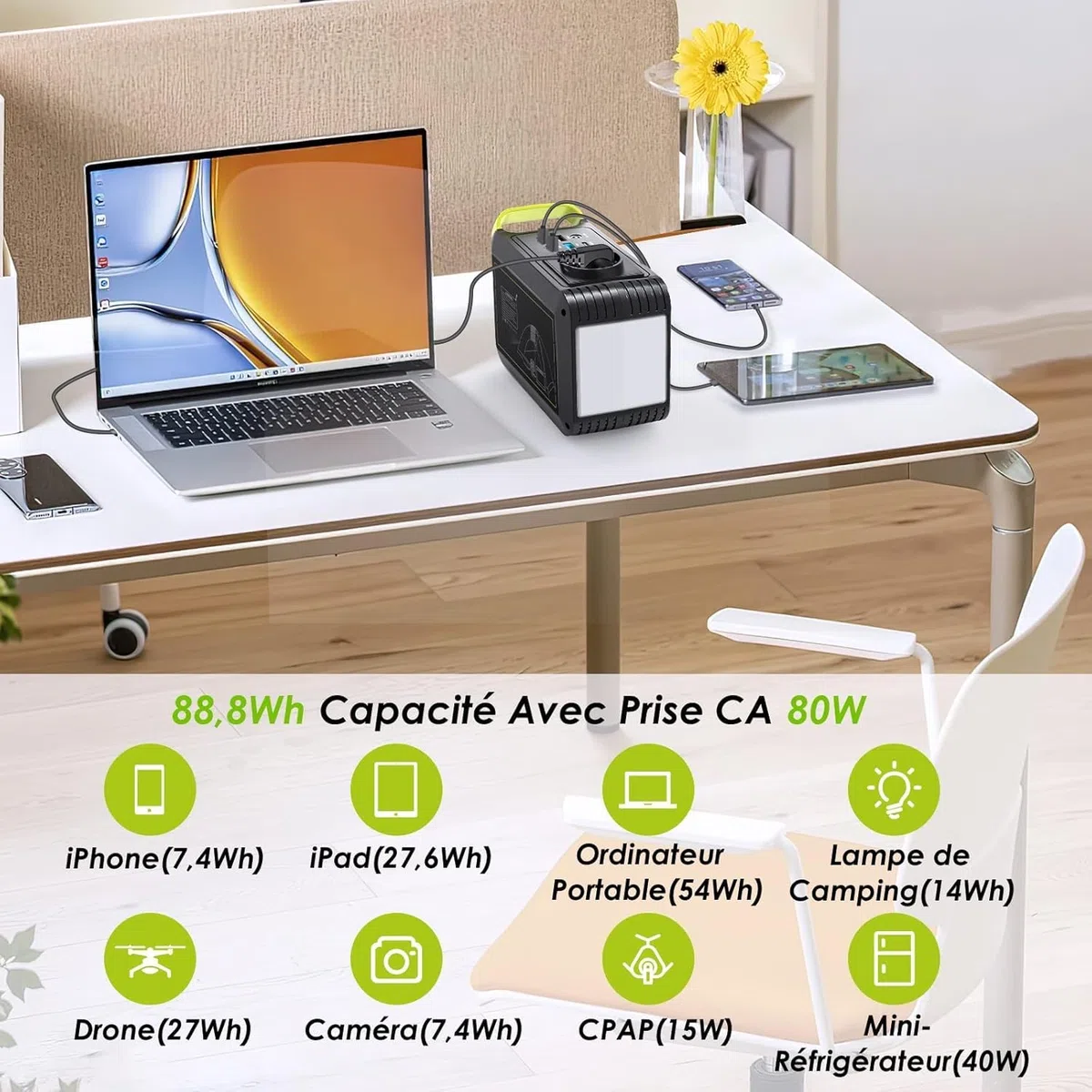 MARBERO Estación de energía portátil de 88 Wh, generador solar, batería con enchufe de 230 V CA, 120 W, almacenamiento de corriente móvil con linterna LED para camping, viajes, autocaravanas, hogar