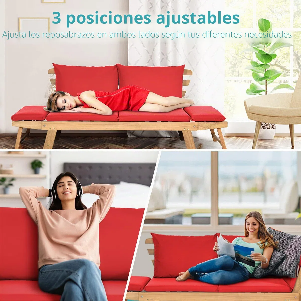 GIANTEX Sofá Cama Plegable de 2 Plazas con Cojines, Sofá Doble Convertible en Cama, Marco de Madera de Acacia, Banco para 2 Personas, para Balcón, Patio, Jardín (Rojo)