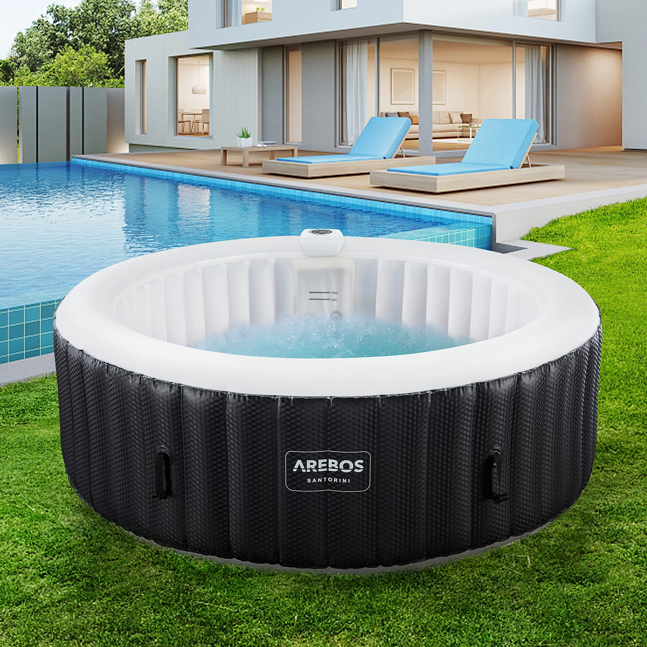 Arebos SPA Hinchable | Inflable automático | para Interior y Exterior | ⌀ 208 cm | 6 Personas | Banda Luminosa LED | 130 boquillas de Masaje | 1000 L | Incluye Cubierta | Bubble SPA & Wellness Masaje